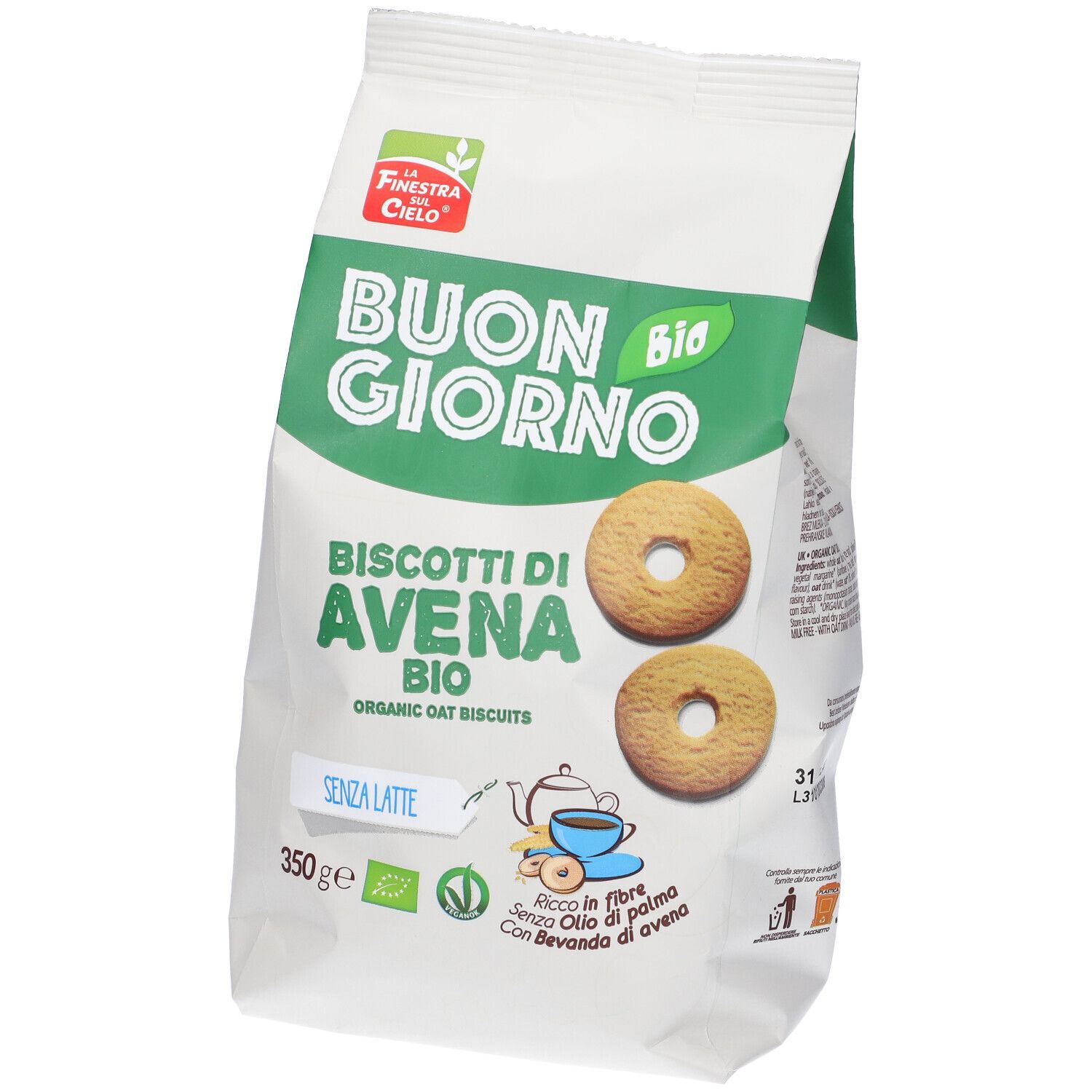 Confezione di biscotti. Scritta: Buongiornobio, Biscotti di Avena Bio, senza latte. Due biscotti raffigurati.