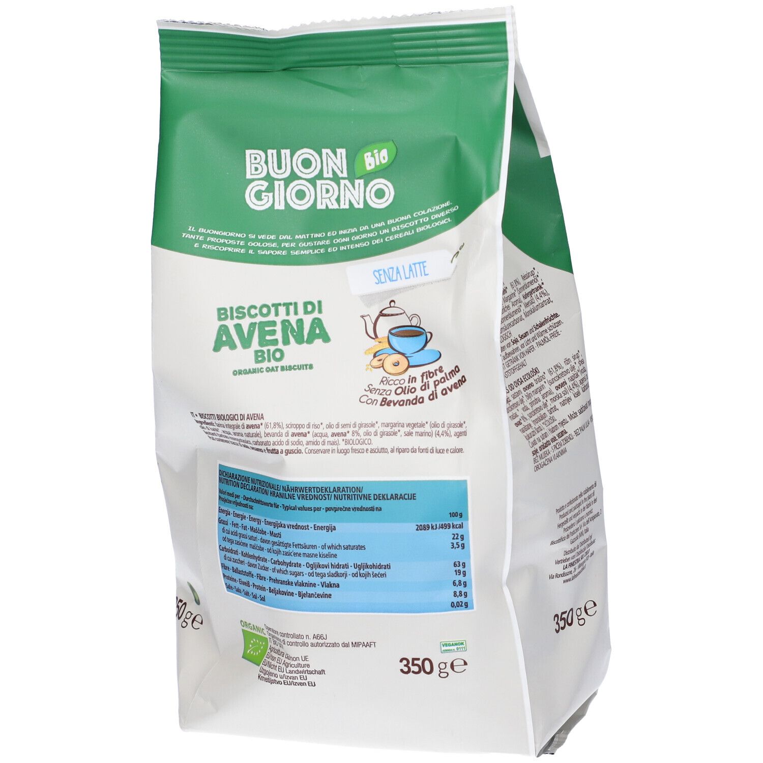 Retro della confezione di biscotti. Scritta: Buongiornobio, Biscotti di Avena Bio, senza latte. Informazioni nutrizionali.