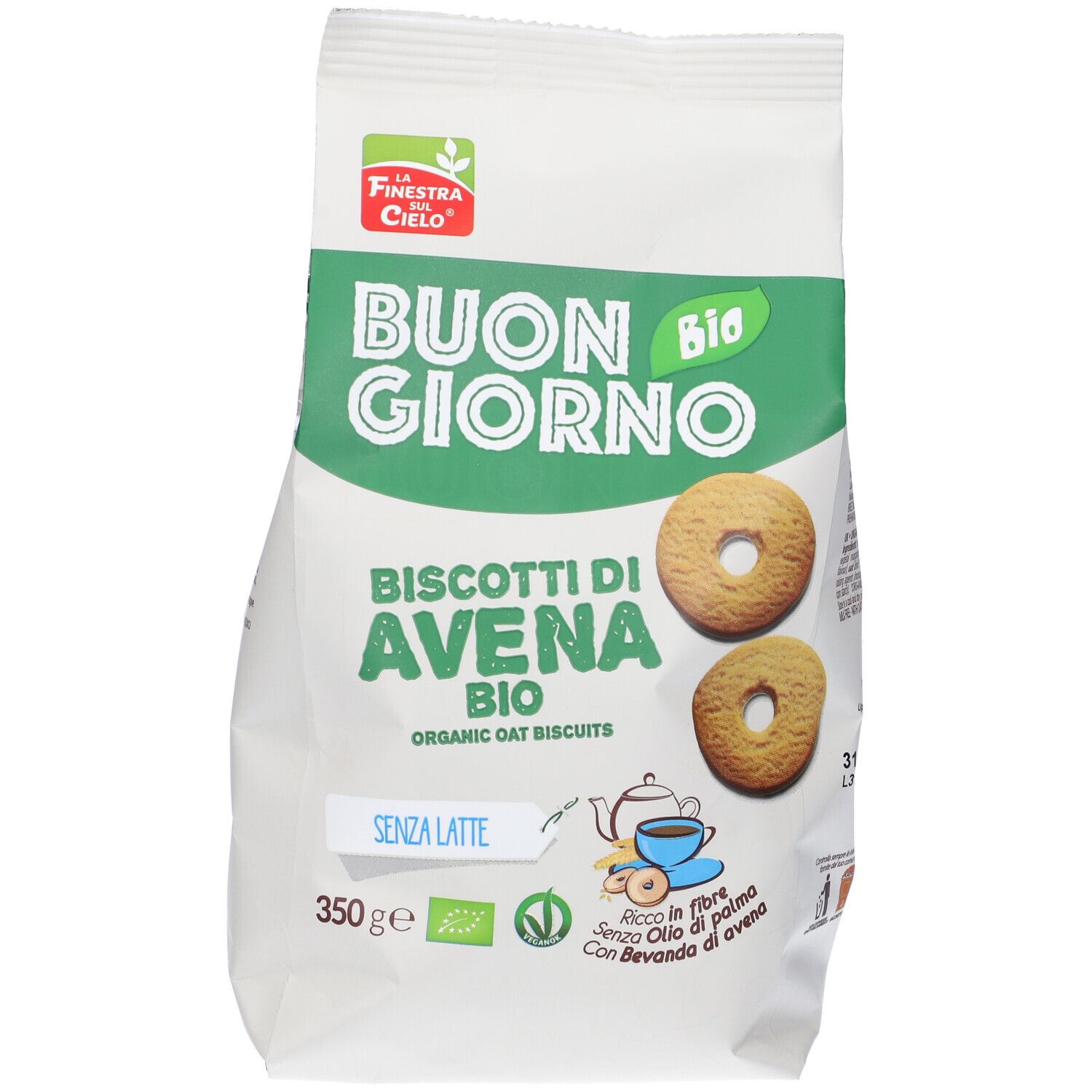 Confezione di biscotti. Scritta: Buongiornobio, Biscotti di Avena Bio, senza latte. Due biscotti raffigurati.