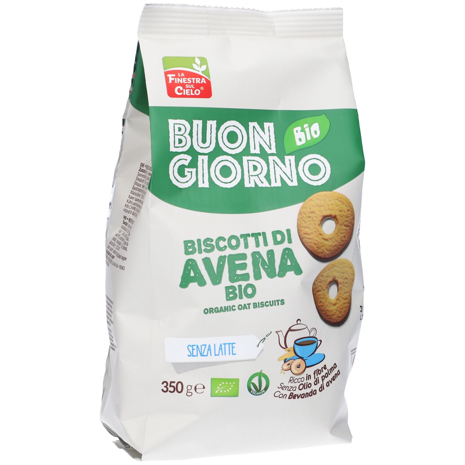 Confezione di biscotti. Scritta: Buongiornobio, Biscotti di Avena Bio, senza latte. Due biscotti raffigurati.