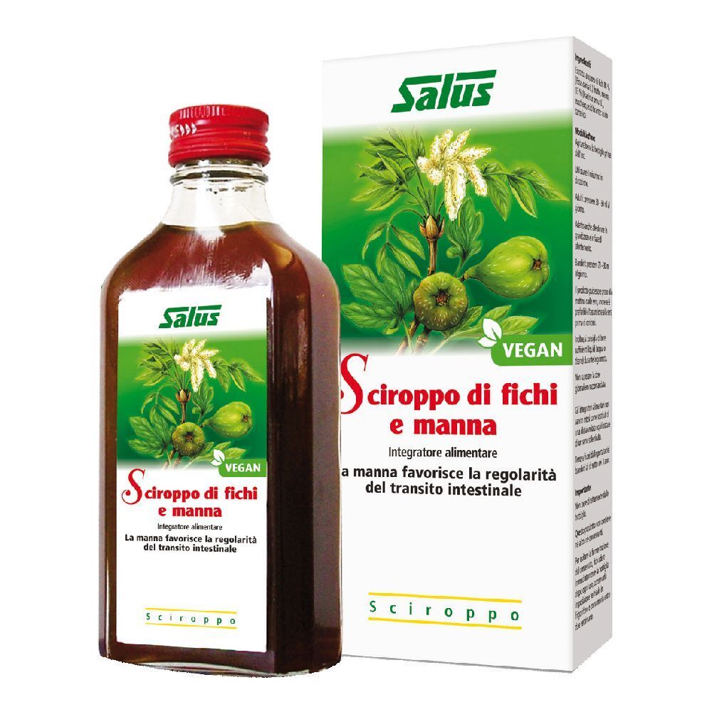 Bottiglia in vetro e scatola. Scritto: Salus Sciroppo di fichi e manna. Vegano.