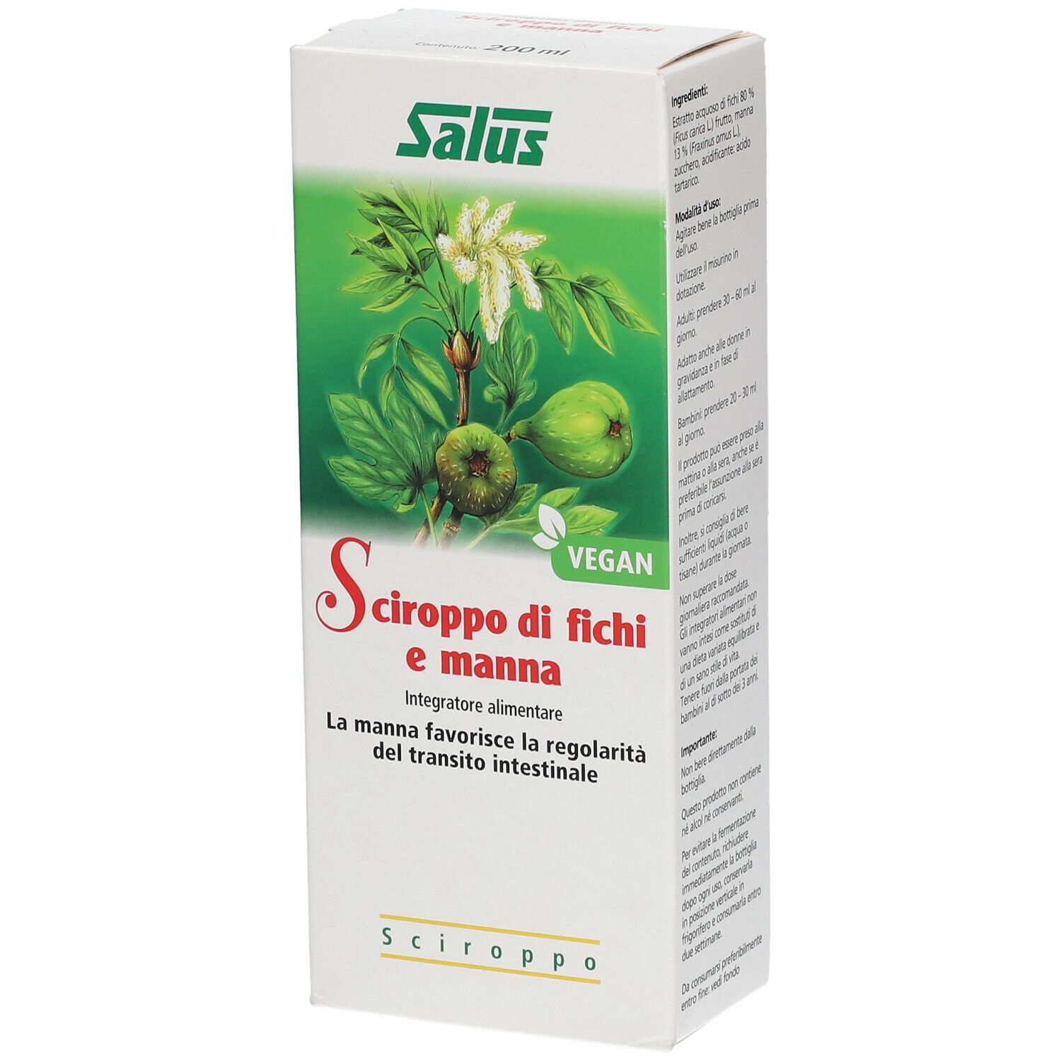 Scatola con scritto: Salus Sciroppo di fichi e manna. Vegano. Con fichi e foglie.