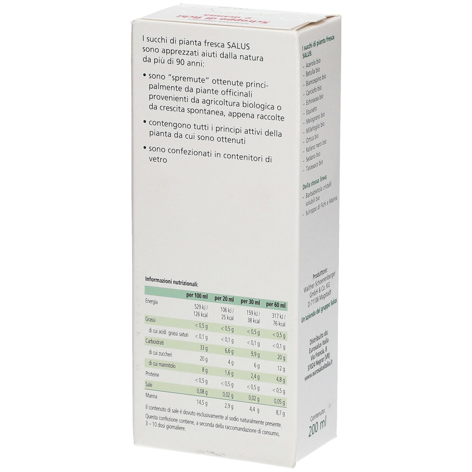 Scatola, retro. Elenco ingredienti e informazioni nutrizionali. Marchio: Salus.