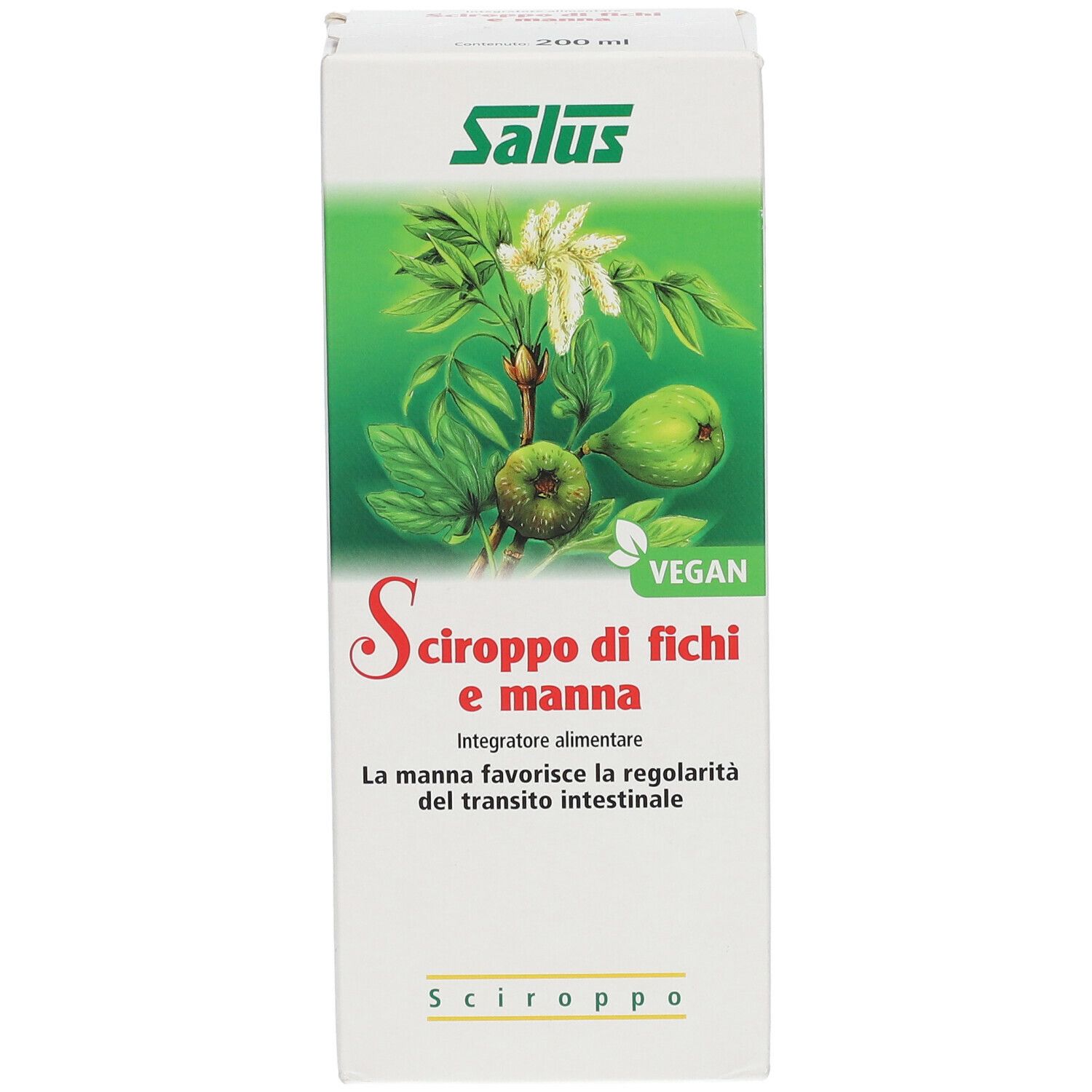 Scatola con scritto: Salus Sciroppo di fichi e manna. Vegano. Con fichi e foglie.