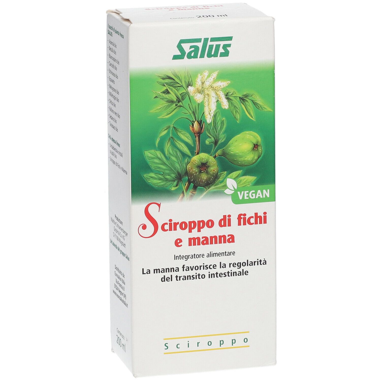 Scatola con scritto: Salus Sciroppo di fichi e manna. Vegano. Con fichi e foglie.