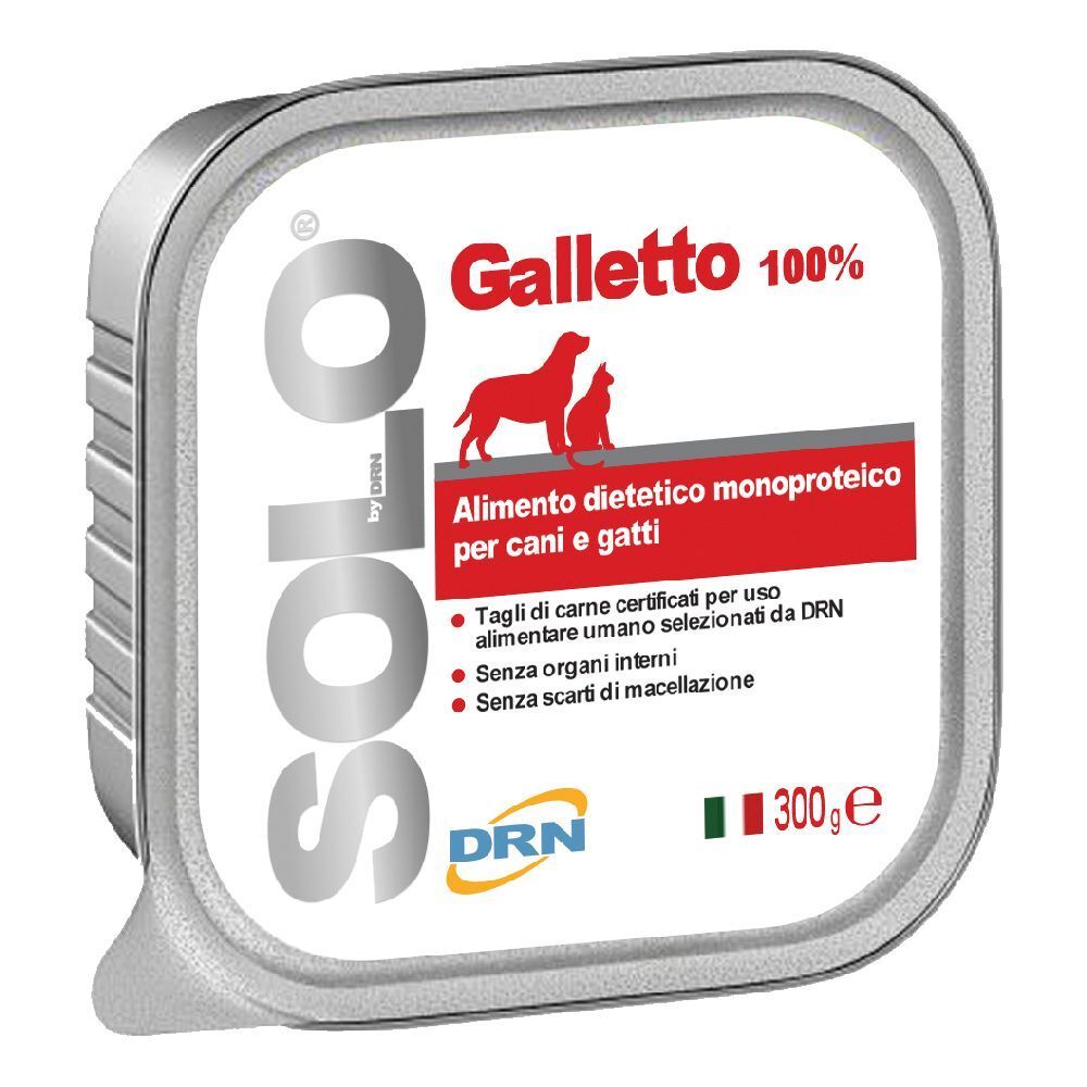 Scatola quadrata con logo "Solo" ed etichetta "Galletto 100%". Testo italiano, immagine cane e gatto, e indicazione 300g.