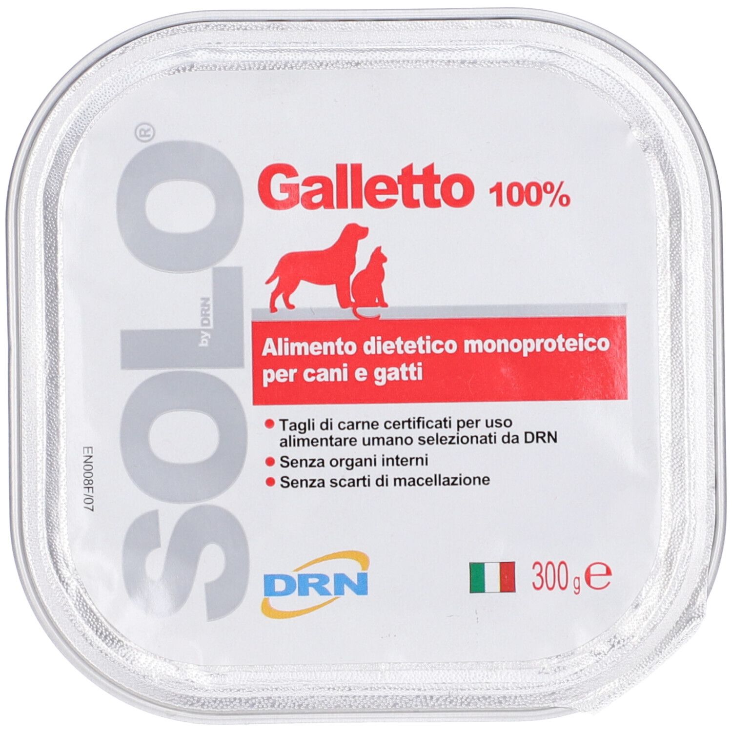 Scatola quadrata con logo "Solo" ed etichetta "Galletto 100%". Testo italiano, immagine cane e gatto, e indicazione 300g.
