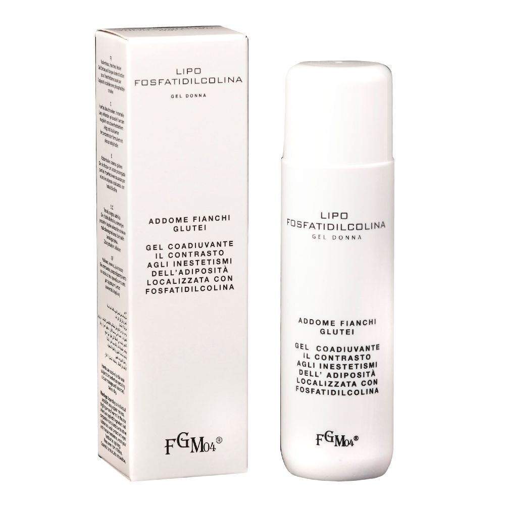 Flacone e confezione bianchi. Scritta: Lipo Fosfatidilcolina Gel Donna. Testo: Addome, Fianchi, Glutei. Logo FGM04.