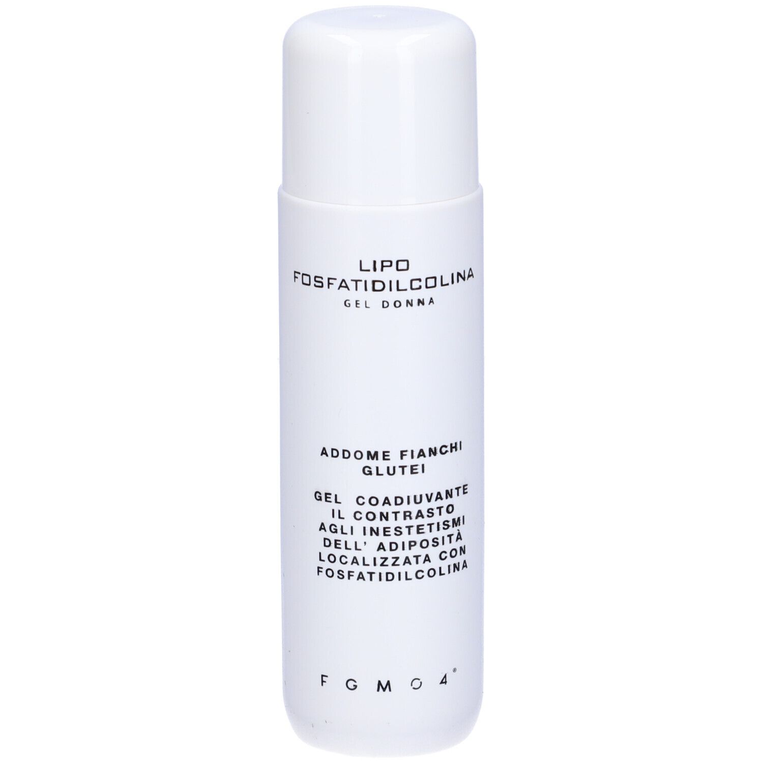 Flacone bianco con tappo bianco. Scritta: Lipo Fosfatidilcolina Gel Donna. Testo: Addome, Fianchi, Glutei. Logo FGM04.