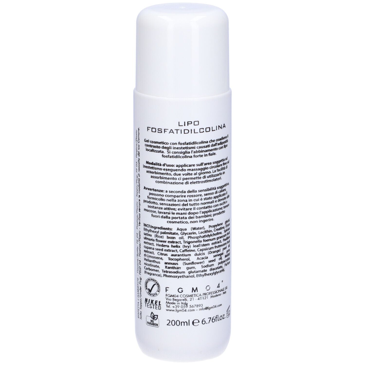 Flacone bianco con tappo bianco. Scritta: Lipo Fosfatidilcolina Gel Donna. Testo e ingredienti. Logo FGM04.