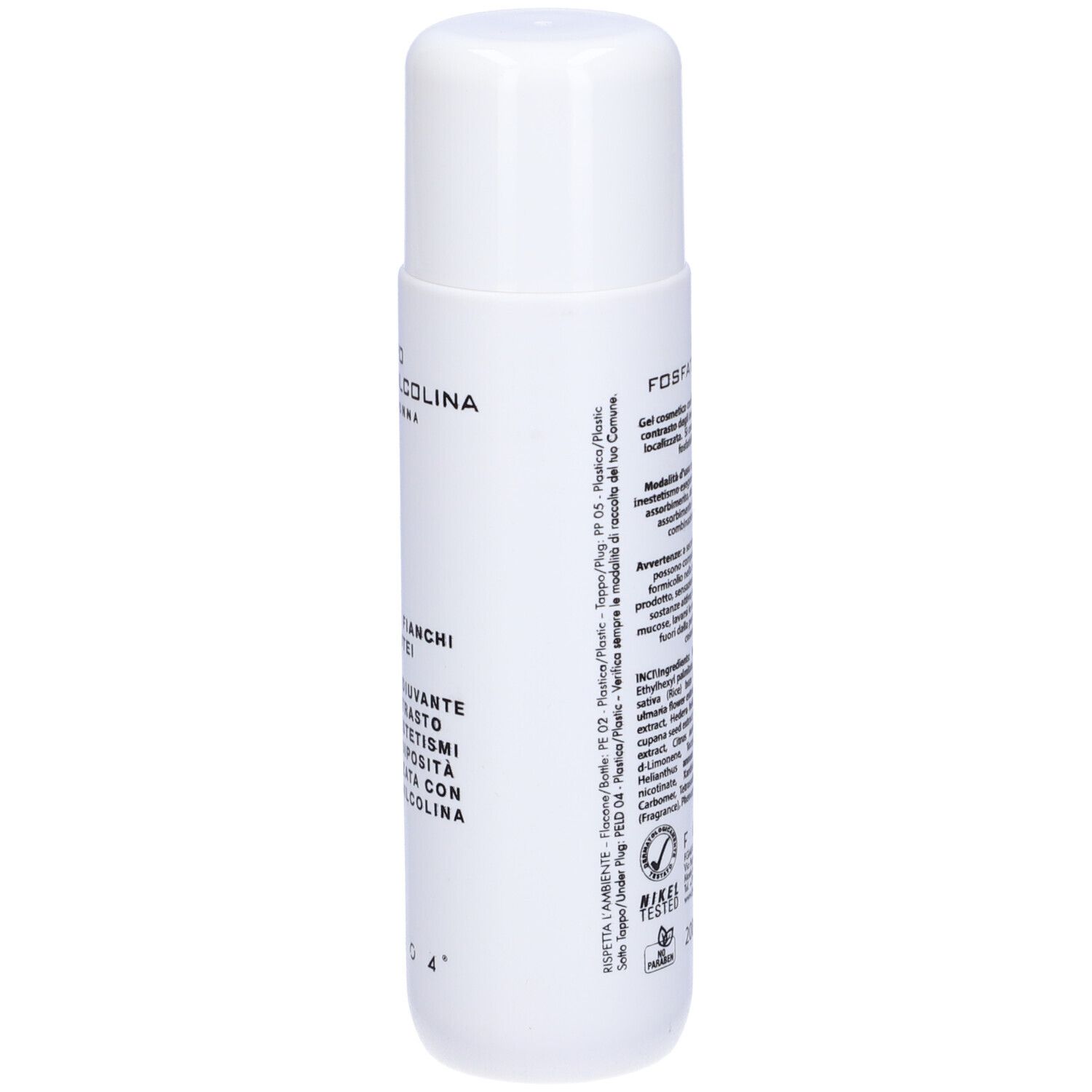 Flacone bianco con tappo bianco. Scritta: Lipo Fosfatidilcolina Gel Donna. Testo e ingredienti. Logo FGM04.