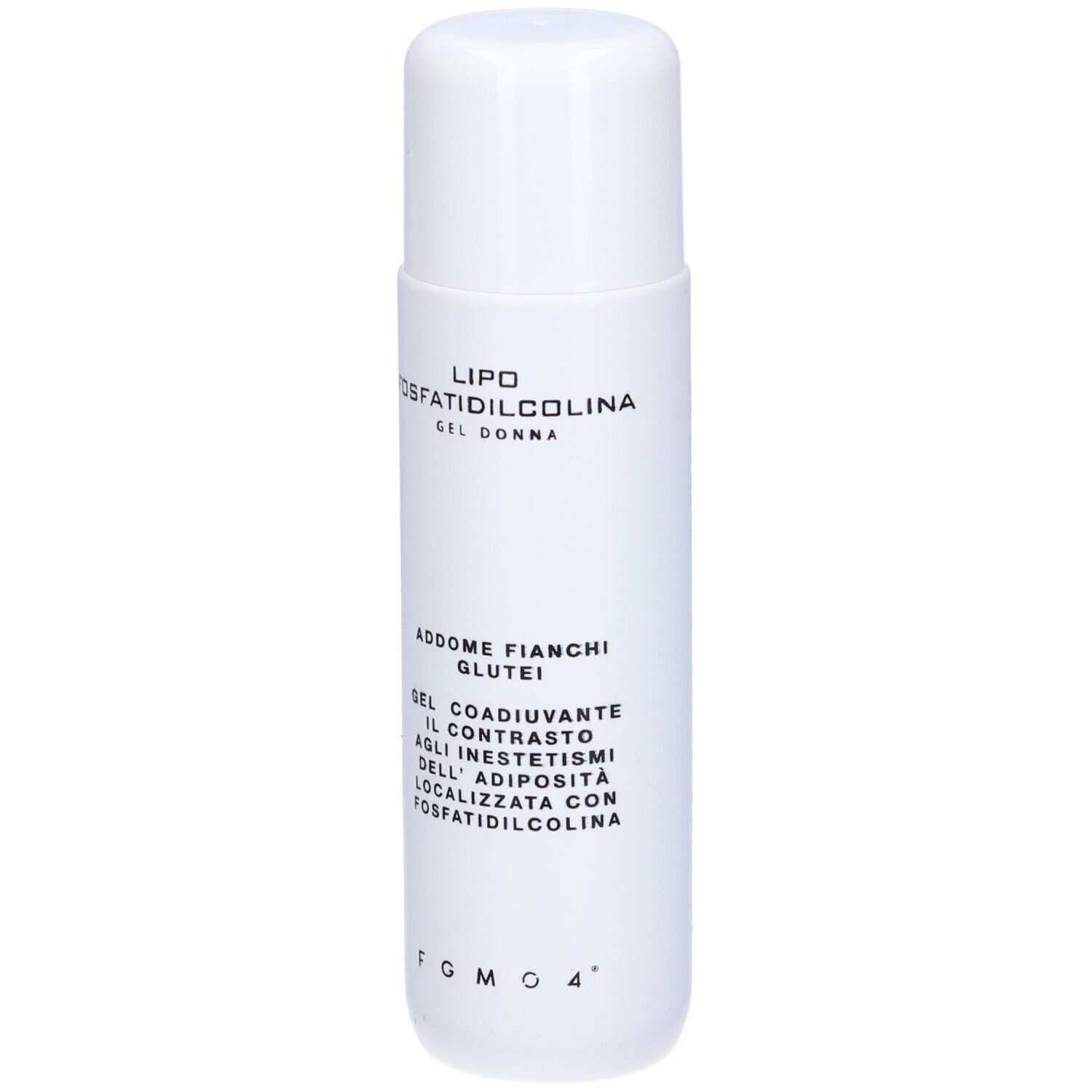 Flacone bianco con tappo bianco. Scritta: Lipo Fosfatidilcolina Gel Donna. Testo: Addome, Fianchi, Glutei. Logo FGM04.