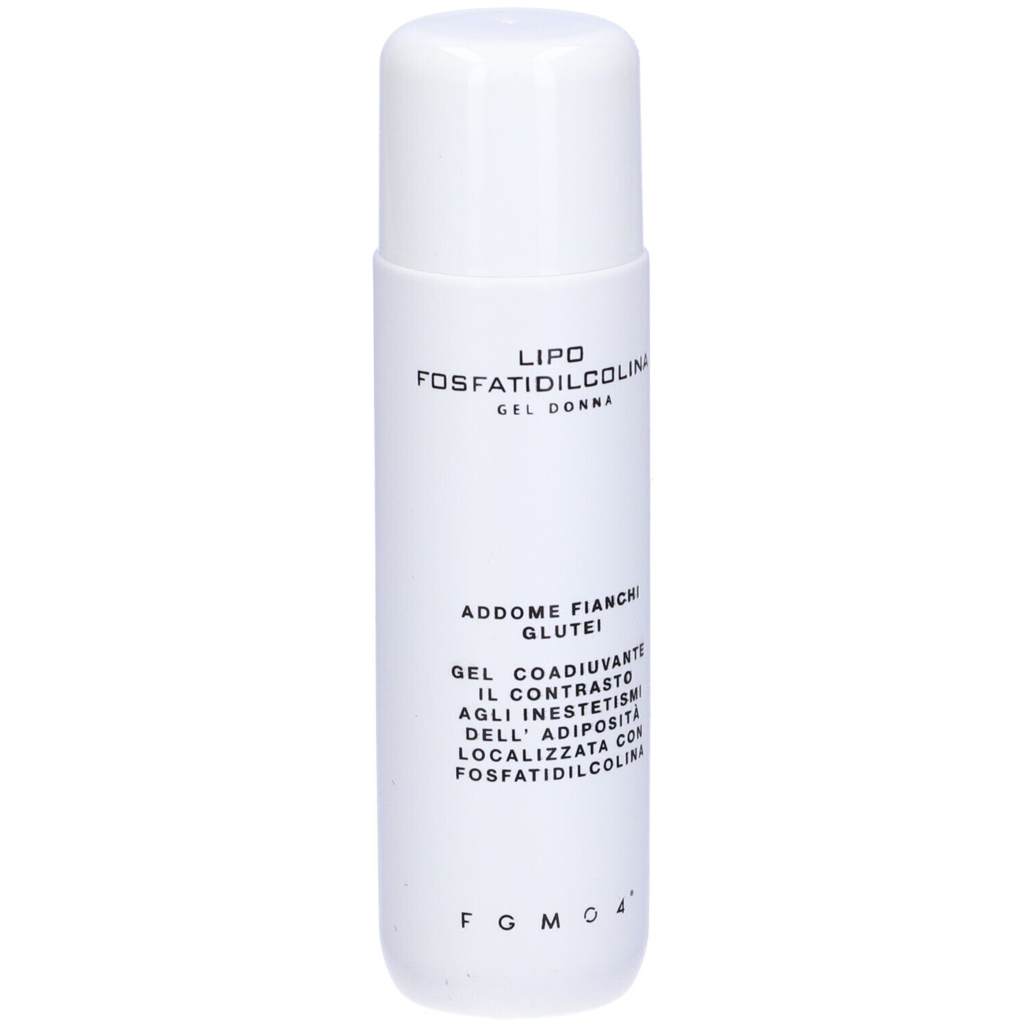 Flacone bianco con tappo bianco. Scritta: Lipo Fosfatidilcolina Gel Donna. Testo: Addome, Fianchi, Glutei. Logo FGM04.