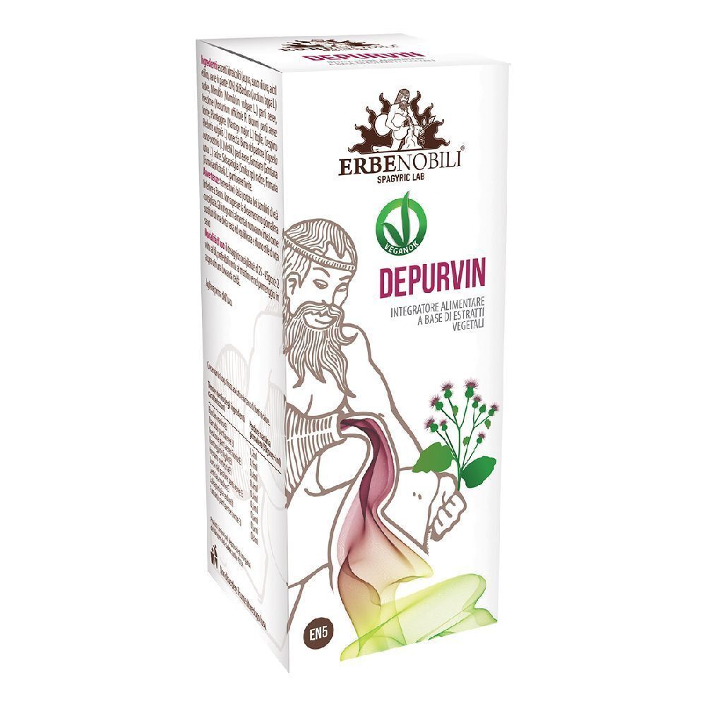 Scatola con stampa del prodotto. Scritta: Depurvin, Erbenobili. Illustrazione di figura e pianta. Design verde e bianco.