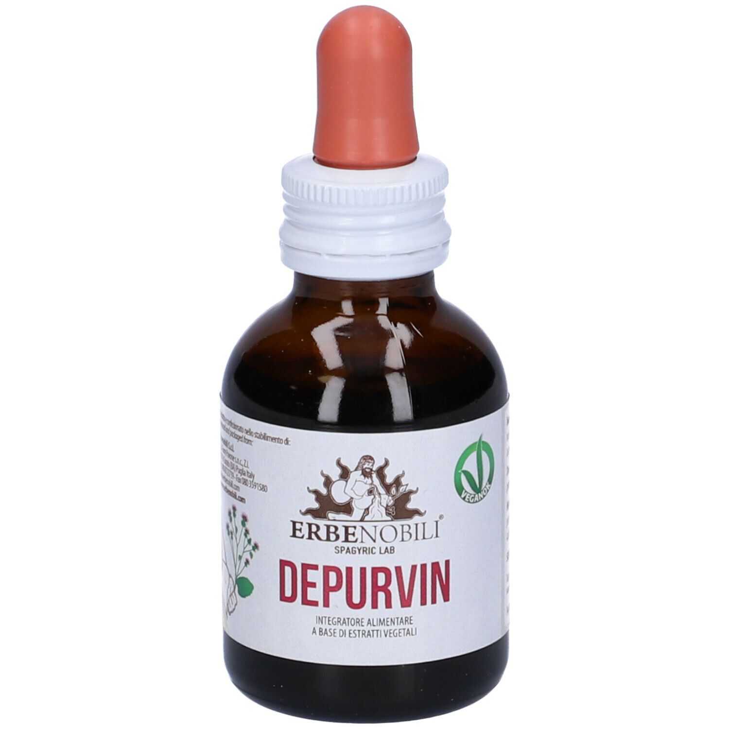 Flacone di vetro marrone con contagocce. Scritta: Depurvin, Erbenobili. Sigillo vegano. Etichetta bianca con testo.