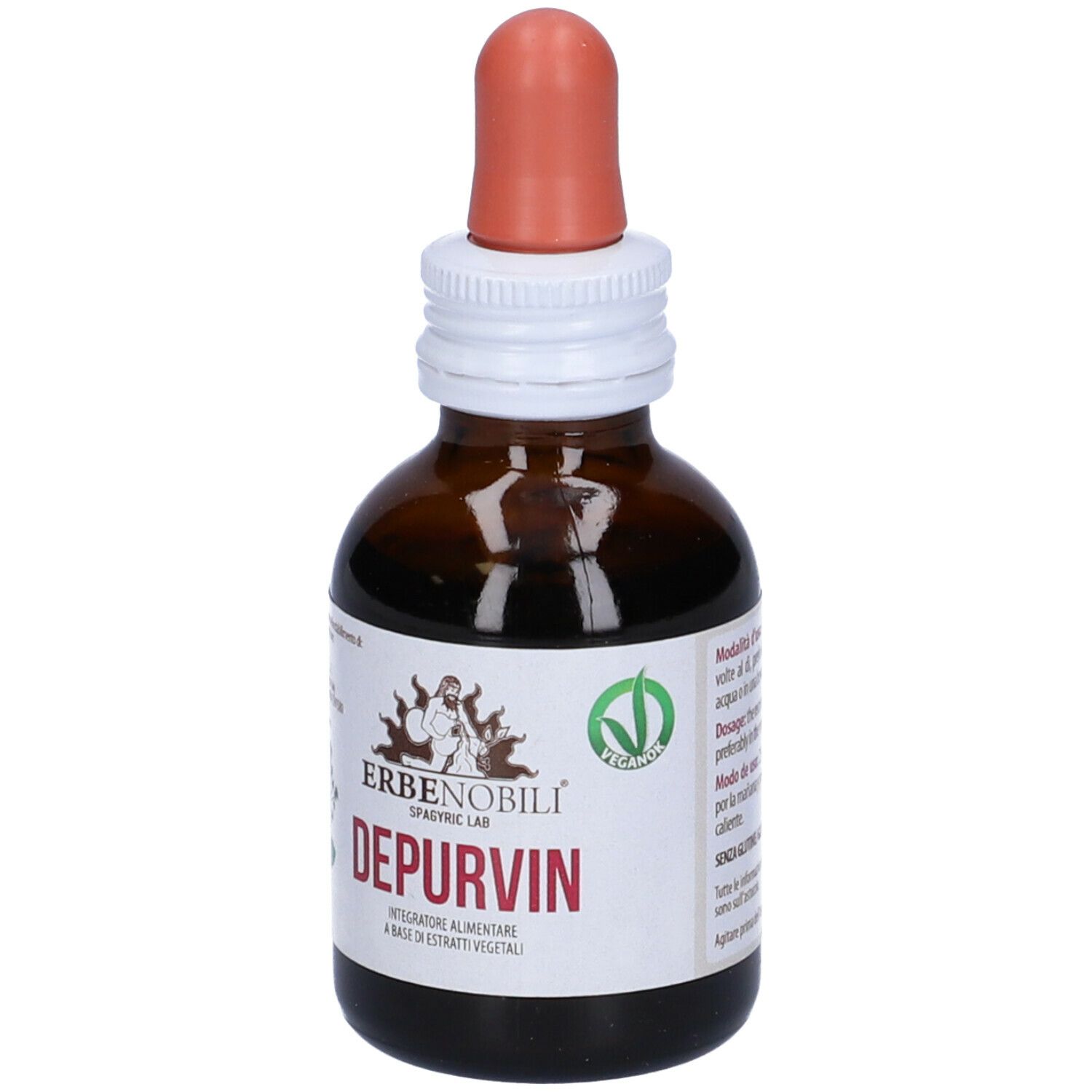 Flacone di vetro marrone con contagocce. Scritta: Depurvin, Erbenobili. Sigillo vegano. Etichetta bianca con testo.