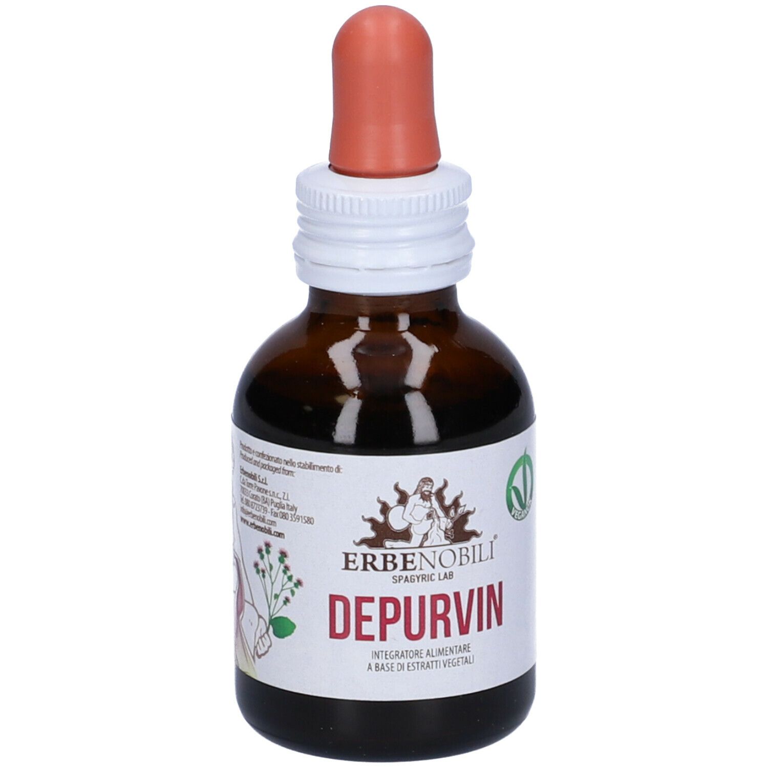 Flacone di vetro marrone con contagocce. Scritta: Depurvin, Erbenobili. Sigillo vegano. Etichetta bianca con testo.