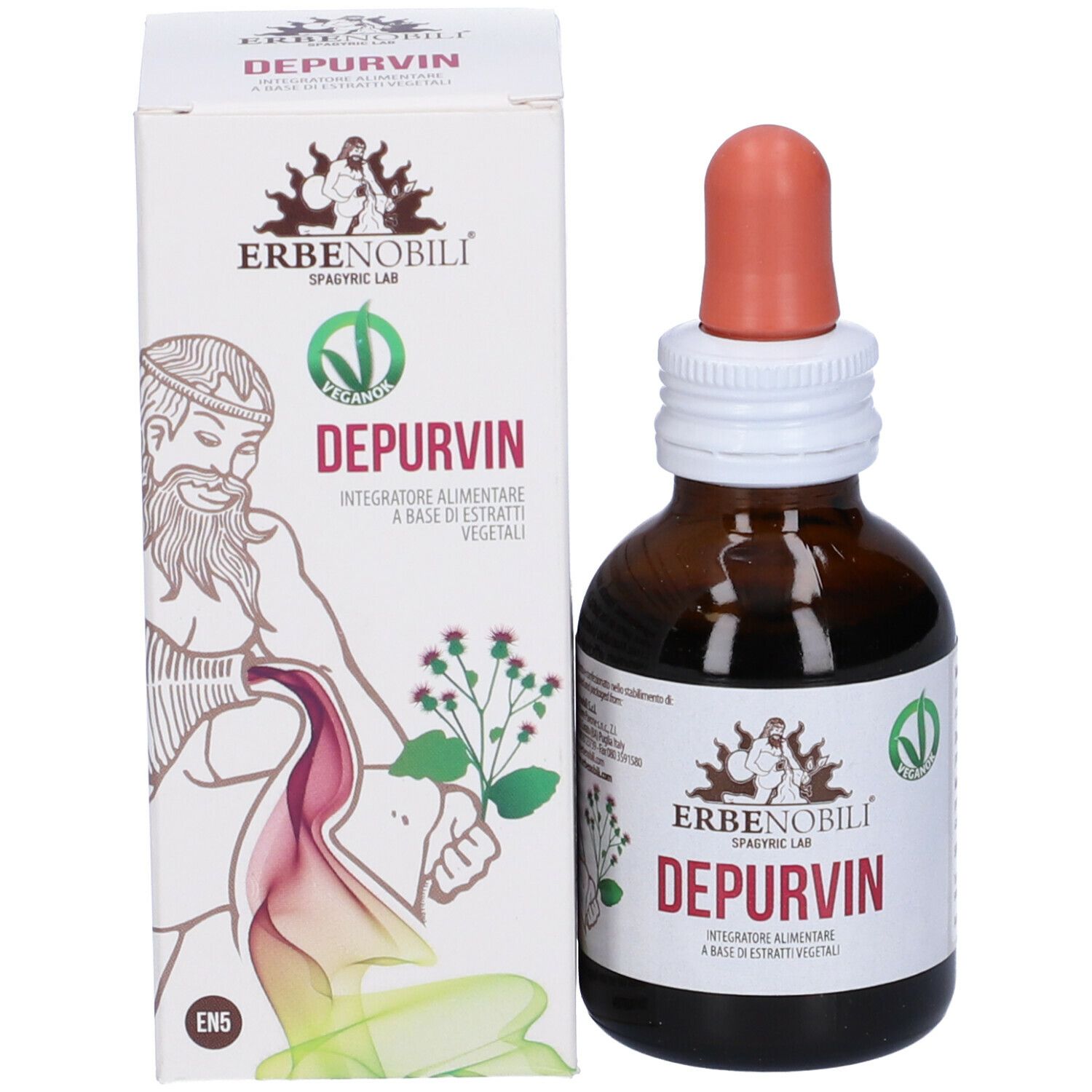 Confezione del prodotto e flacone con contagocce. Scritta: Depurvin, Erbenobili. Sigillo vegano. Illustrazione di figura e pianta.