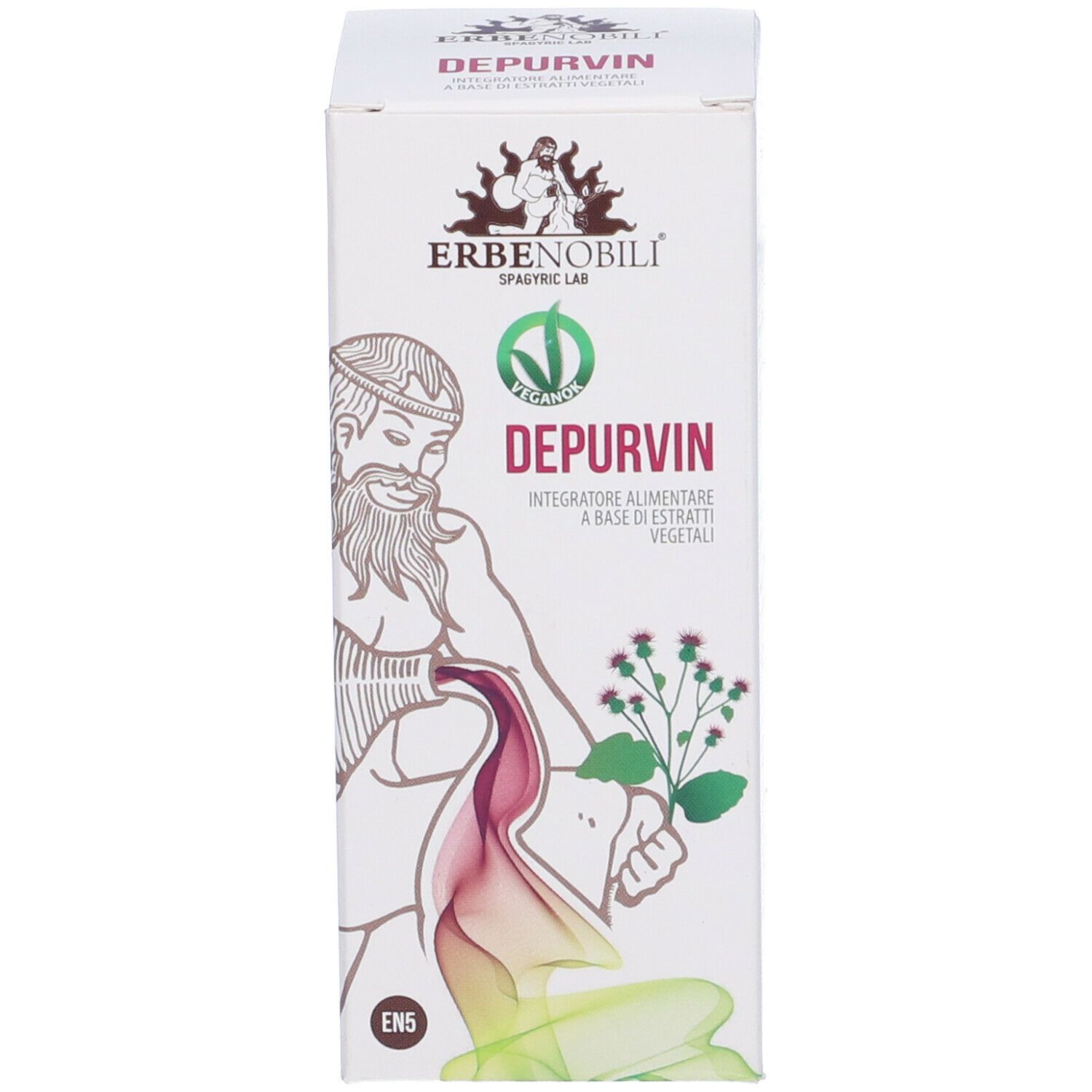 Confezione del prodotto. Scritta: Depurvin, Erbenobili. Sigillo vegano. Illustrazione di figura e pianta. Design verde e bianco.
