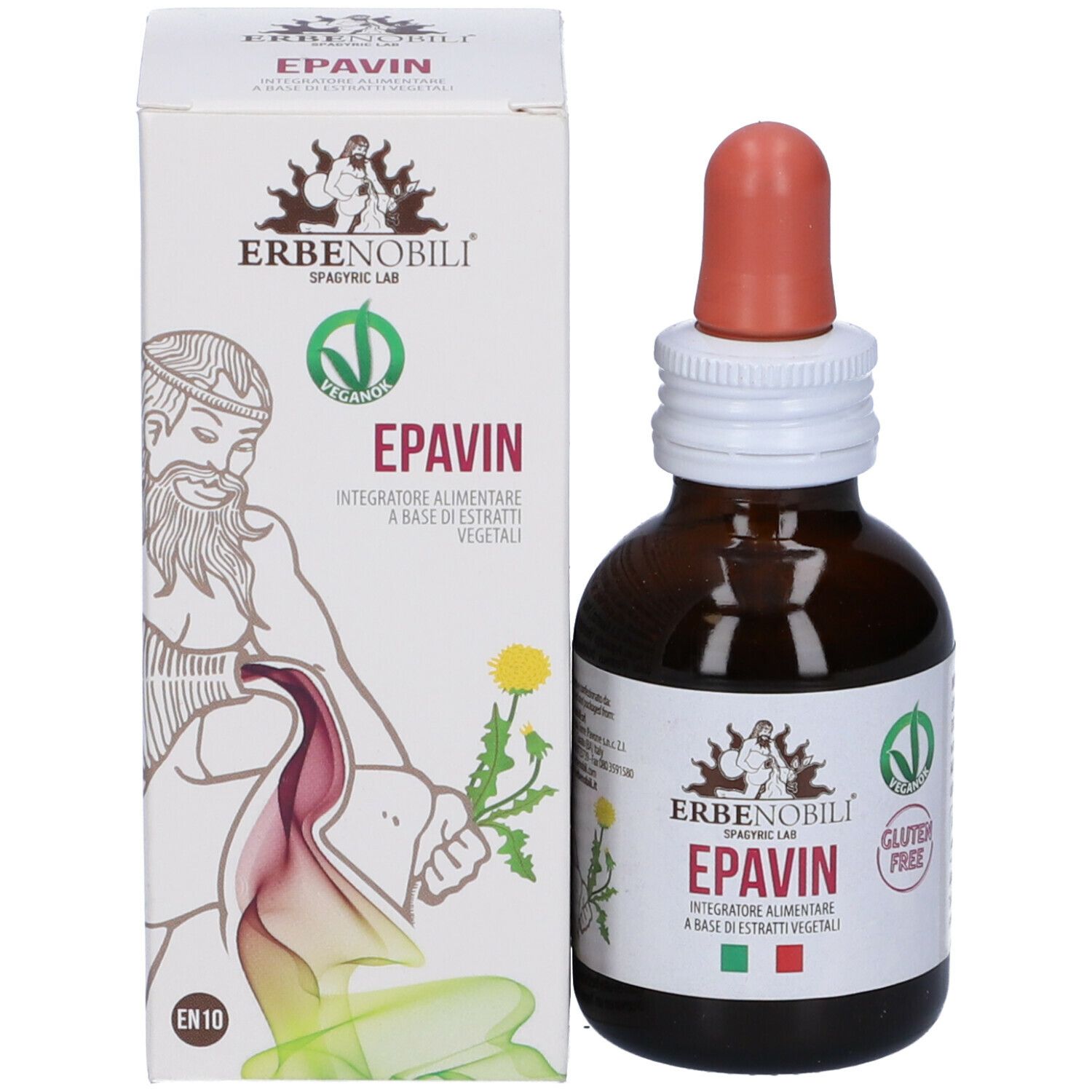 Flacone con contagocce e confezione. Nome prodotto Epavin, logo e sigilli Vegan e Senza Glutine.