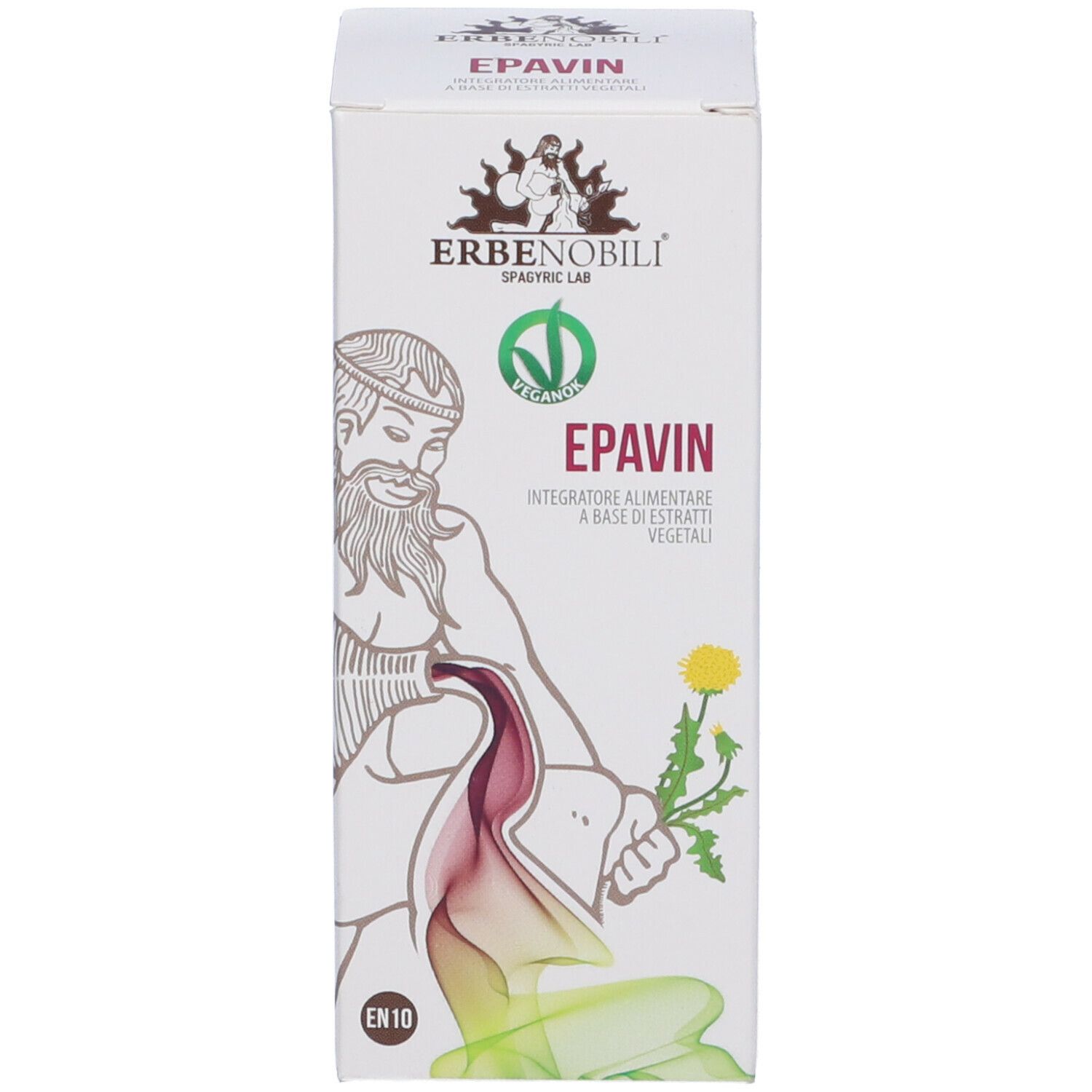 Scatola bianca con nome prodotto Epavin, logo e informazioni. Sigilli Vegan e Senza Glutine.