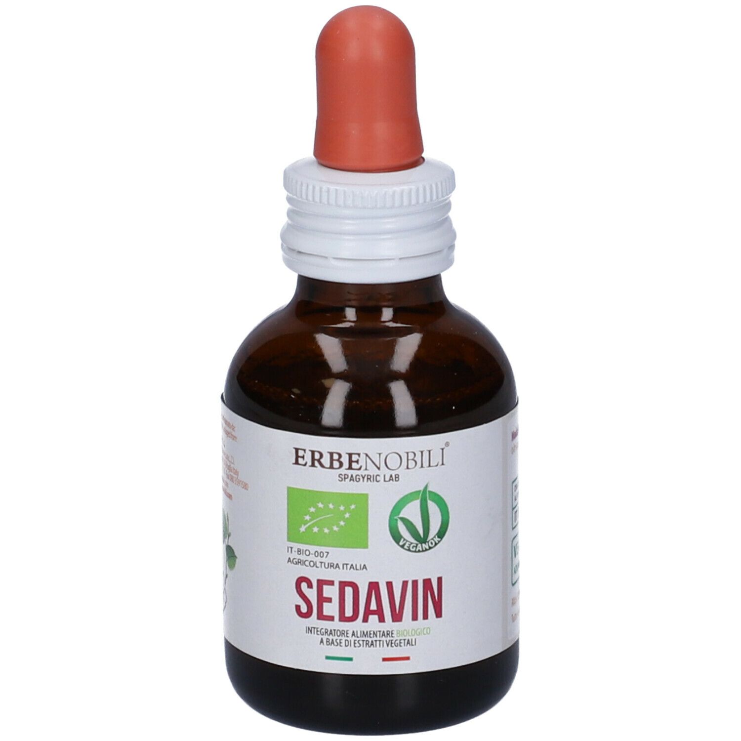 Flacone di vetro marrone con contagocce. Scritta: SedaVin. Etichetta con marchio biologico e logo vegano.