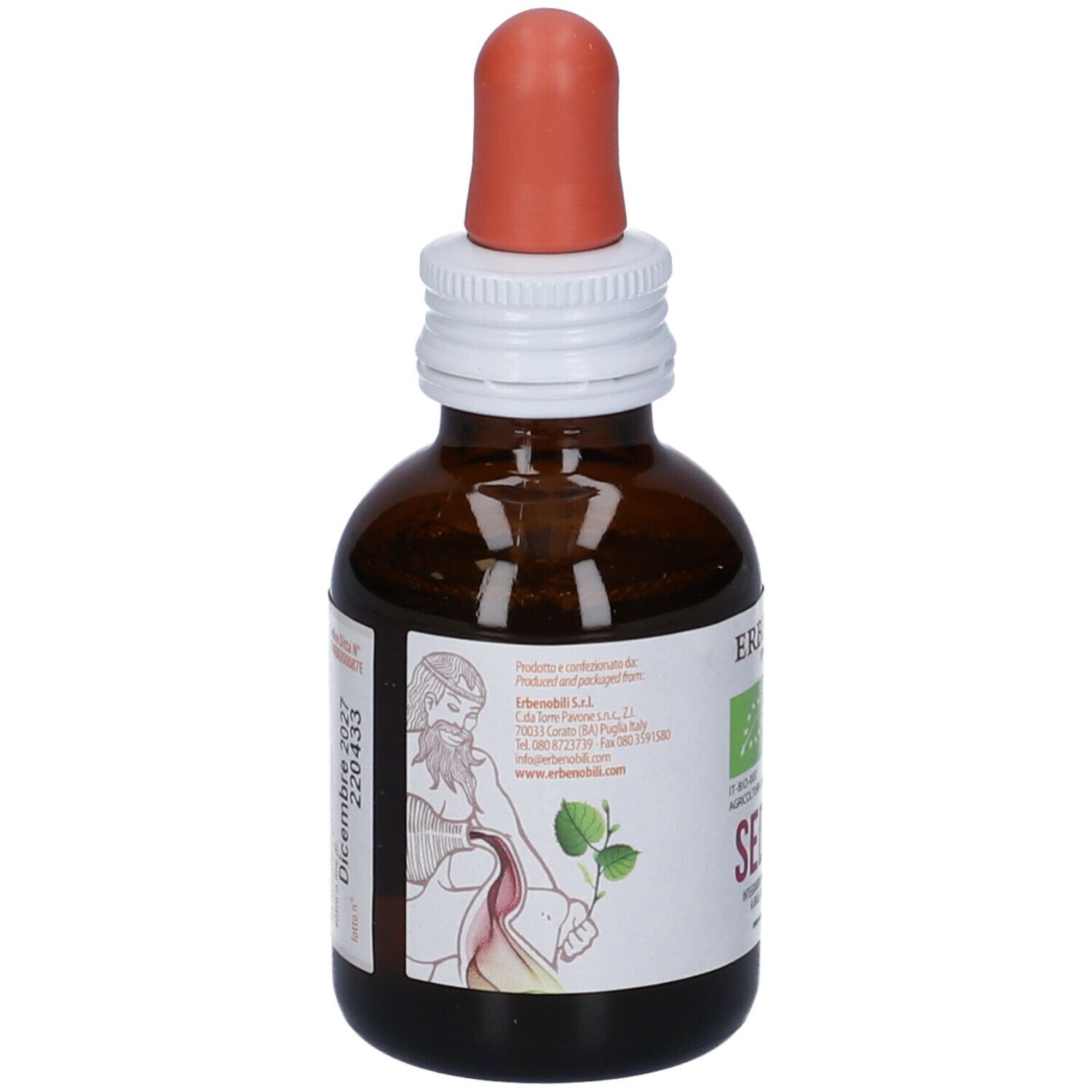 Flacone di vetro marrone con contagocce. Scritta: SedaVin. Etichetta con informazioni produttore e marchio biologico.