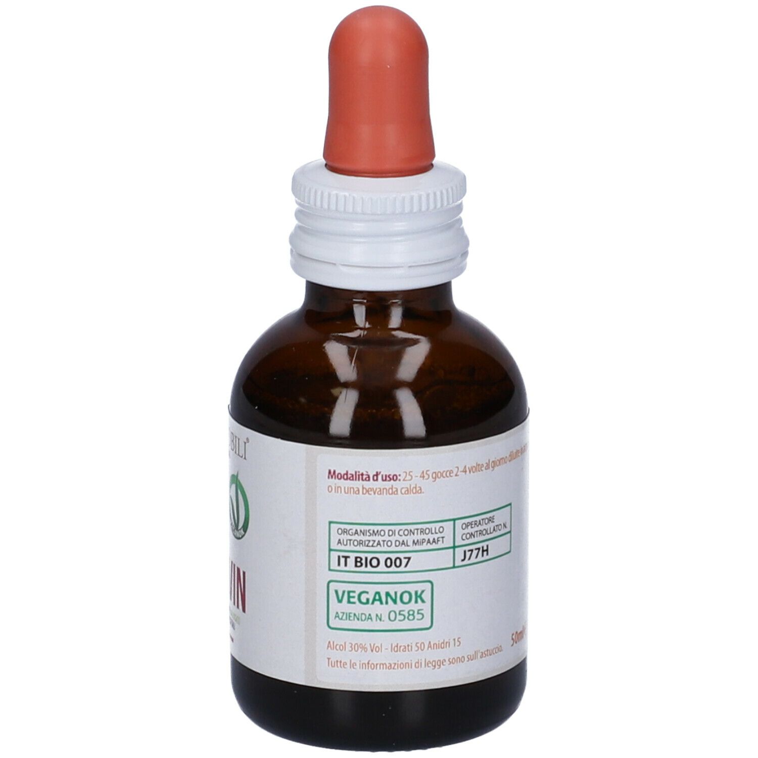 Flacone di vetro marrone con contagocce. Scritta: SedaVin. Etichetta con marchio biologico e logo vegano.