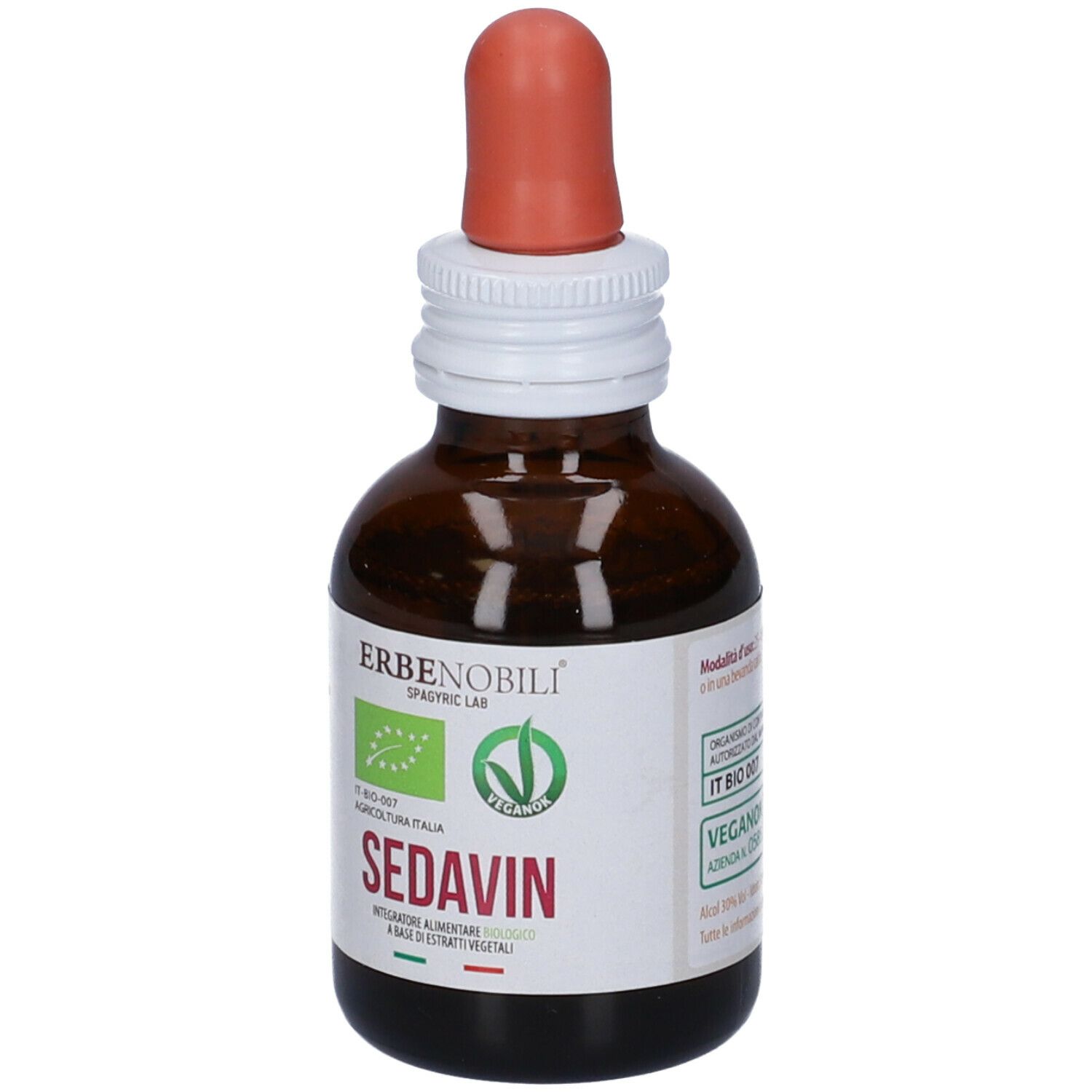 Flacone di vetro marrone con contagocce. Scritta: SedaVin. Etichetta con marchio biologico e logo vegano.