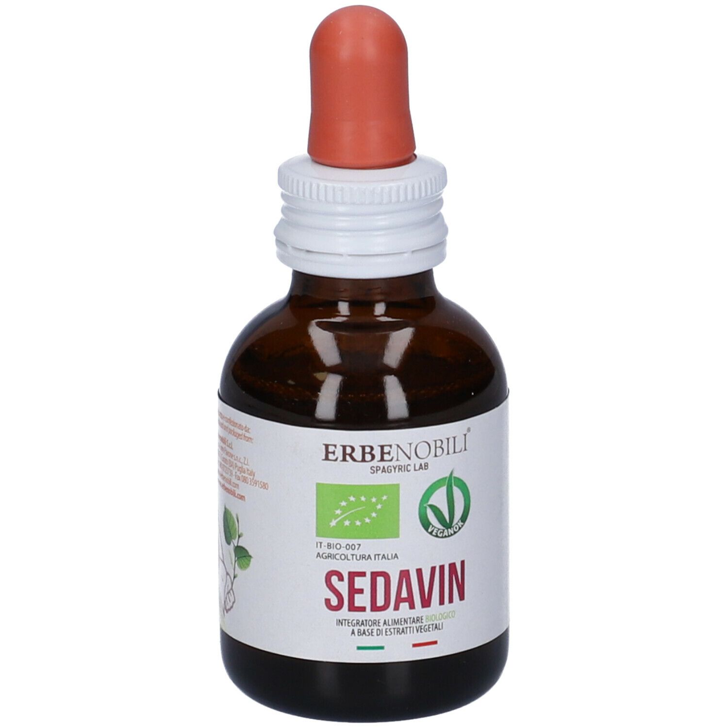 Flacone di vetro marrone con contagocce. Scritta: SedaVin. Etichetta con marchio biologico e logo vegano.