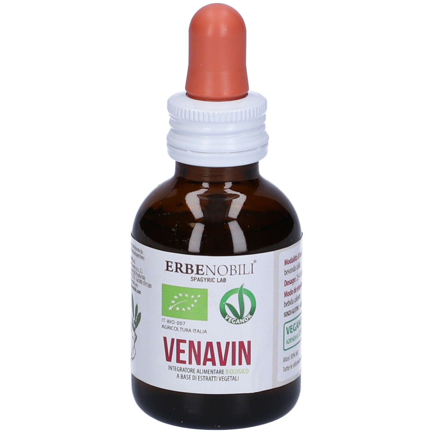 Flacone di vetro marrone con contagocce. Scritta: ERBENOBILI, VENAVIN, sigillo Vegan. Etichetta con informazioni.