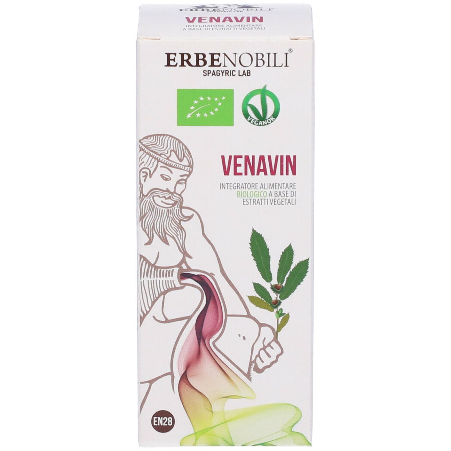 Confezione del prodotto. Scritta: ERBENOBILI, VENAVIN. Illustrazione di un uomo e piante.