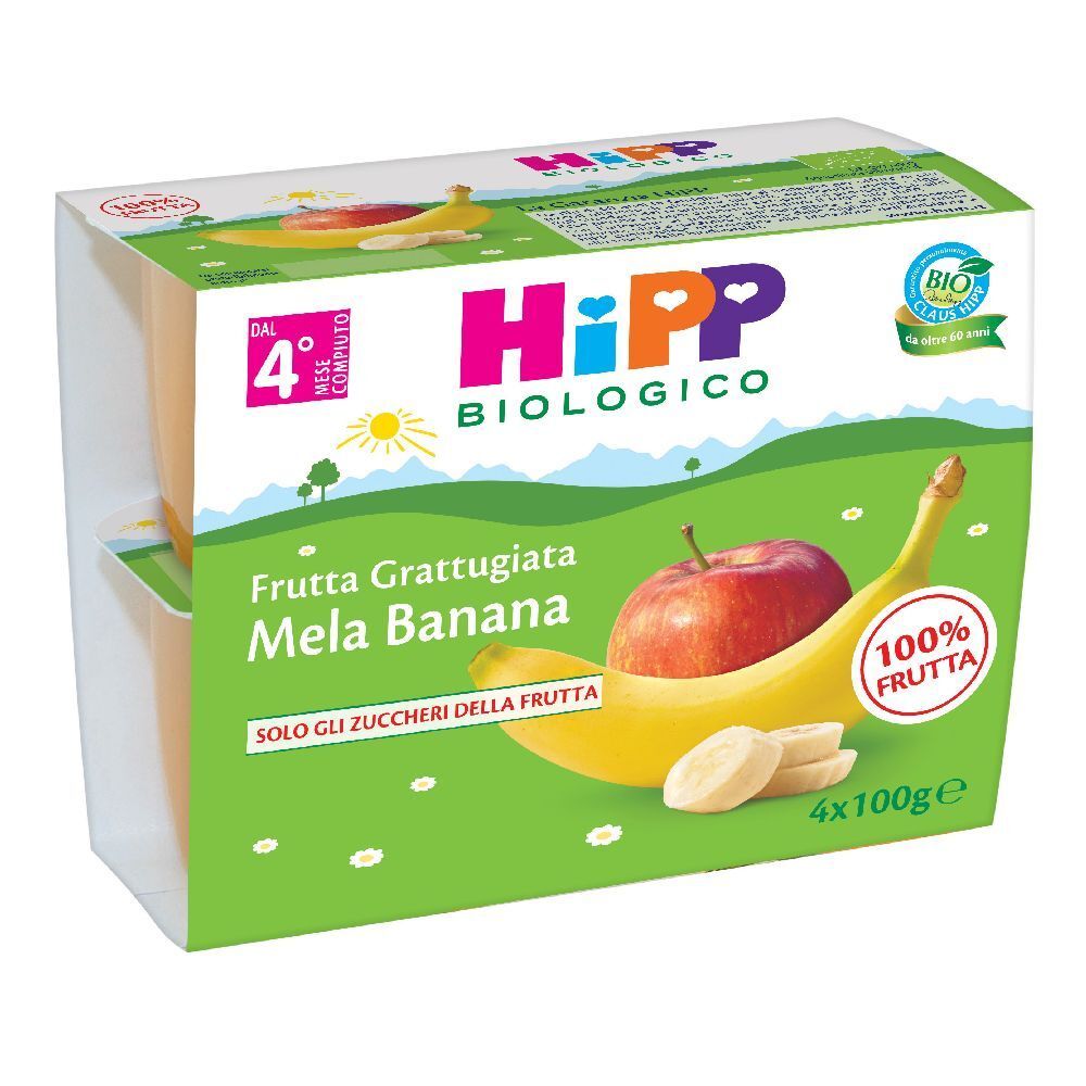 Verpackung mit HiPP Biologico Mela Banana Frutta Grattugiata. Abbildung von Apfel, Banane und Produktlogo. 4 x 100g.