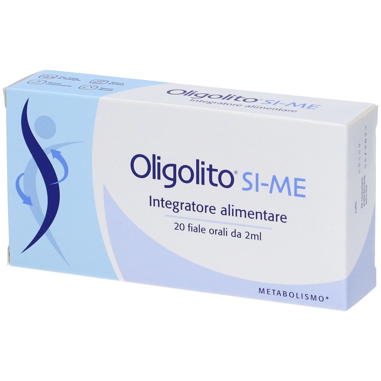 Scatola azzurra con nome e logo del prodotto. Contiene 20 fiale. Scritta: Integratore alimentare.