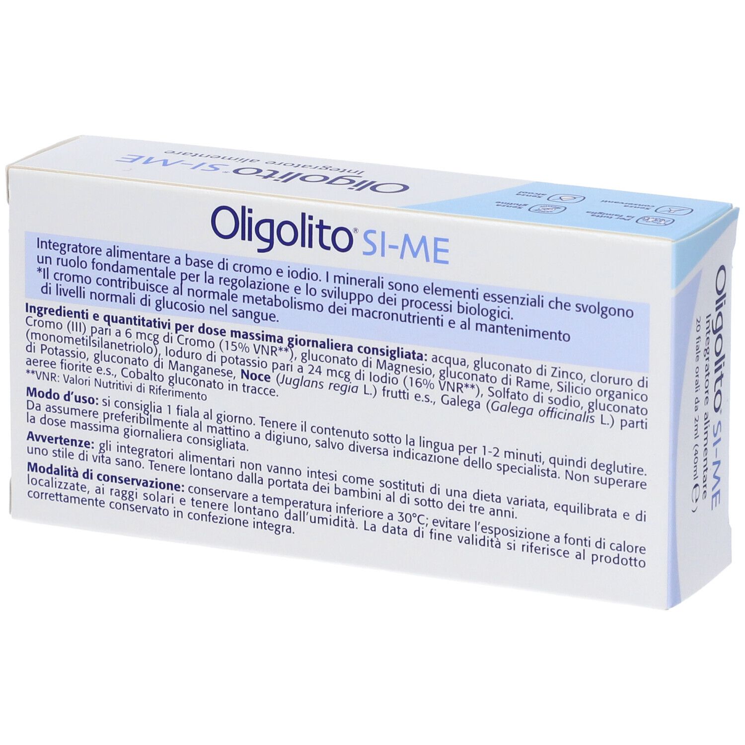 Retro della scatola con informazioni sul prodotto. Testo in italiano. Contiene ingredienti e istruzioni per l'uso.