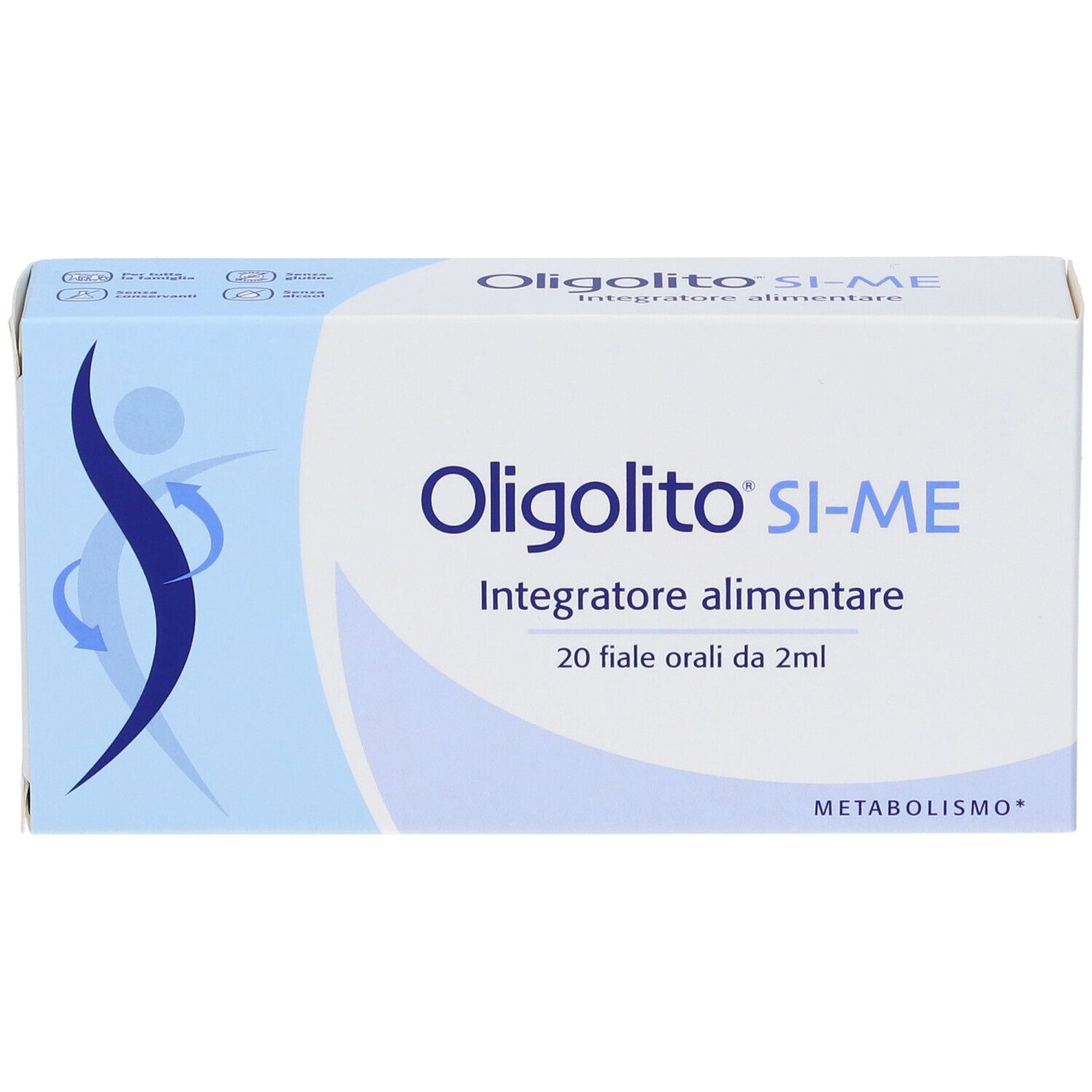 Scatola azzurra con nome e logo del prodotto. Contiene 20 fiale. Scritta: Integratore alimentare.