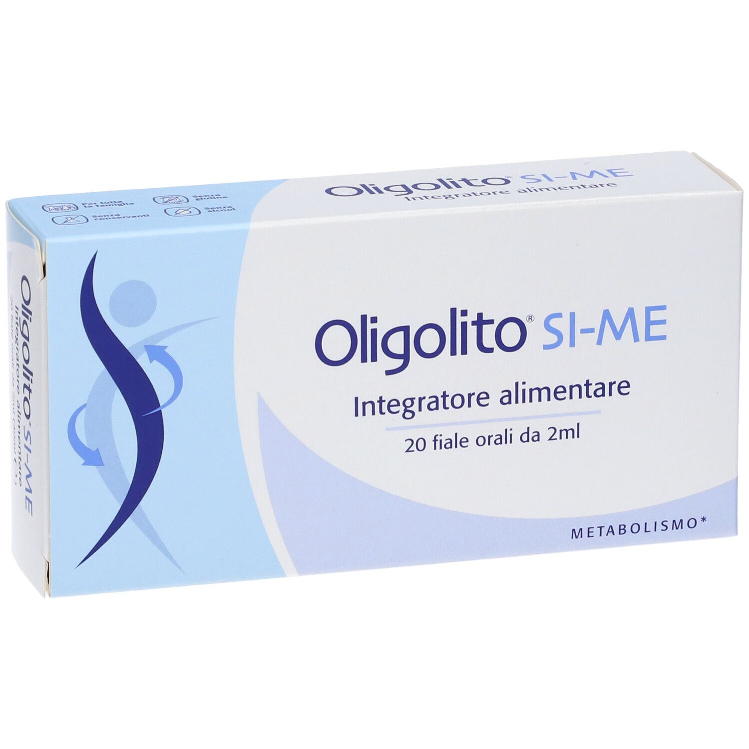 Scatola azzurra con nome e logo del prodotto. Contiene 20 fiale. Scritta: Integratore alimentare.