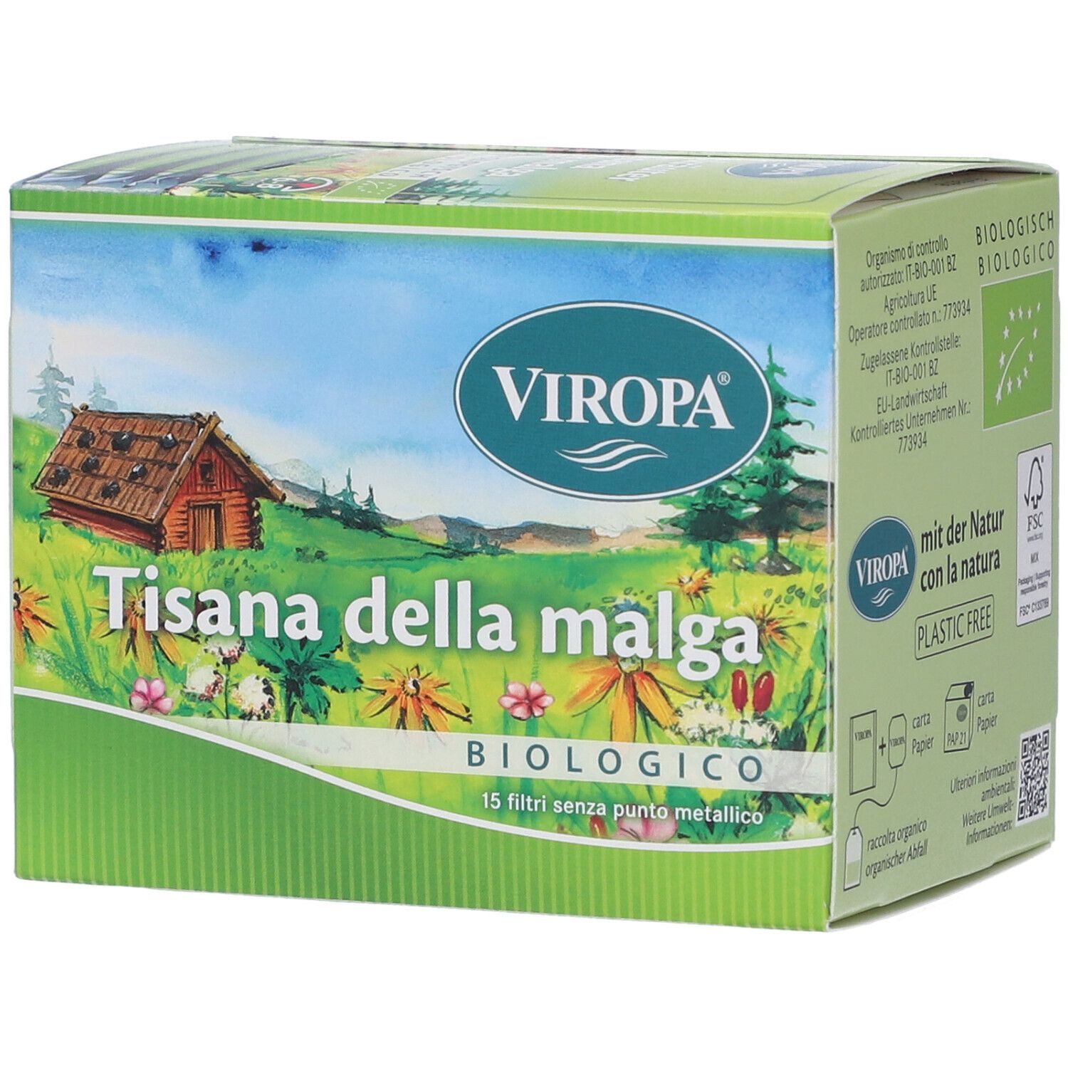 Confezione di Viropa Tisana della malga Bio. Design verde e bianco con paesaggio e informazioni sul prodotto. 15 filtri.