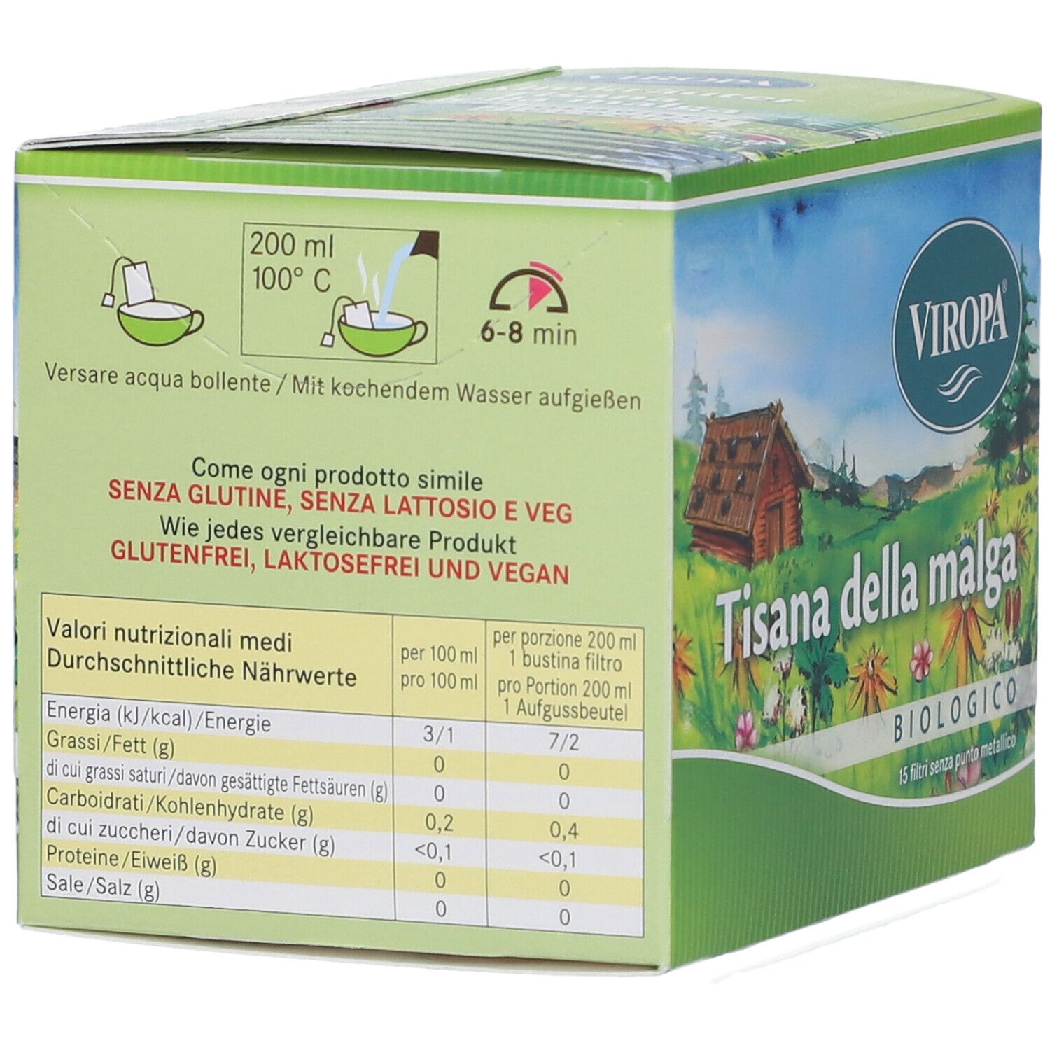 Retro della confezione Viropa Tisana della malga Bio. Contiene informazioni nutrizionali e istruzioni per la preparazione. Senza glutine, lattosio e vegano.