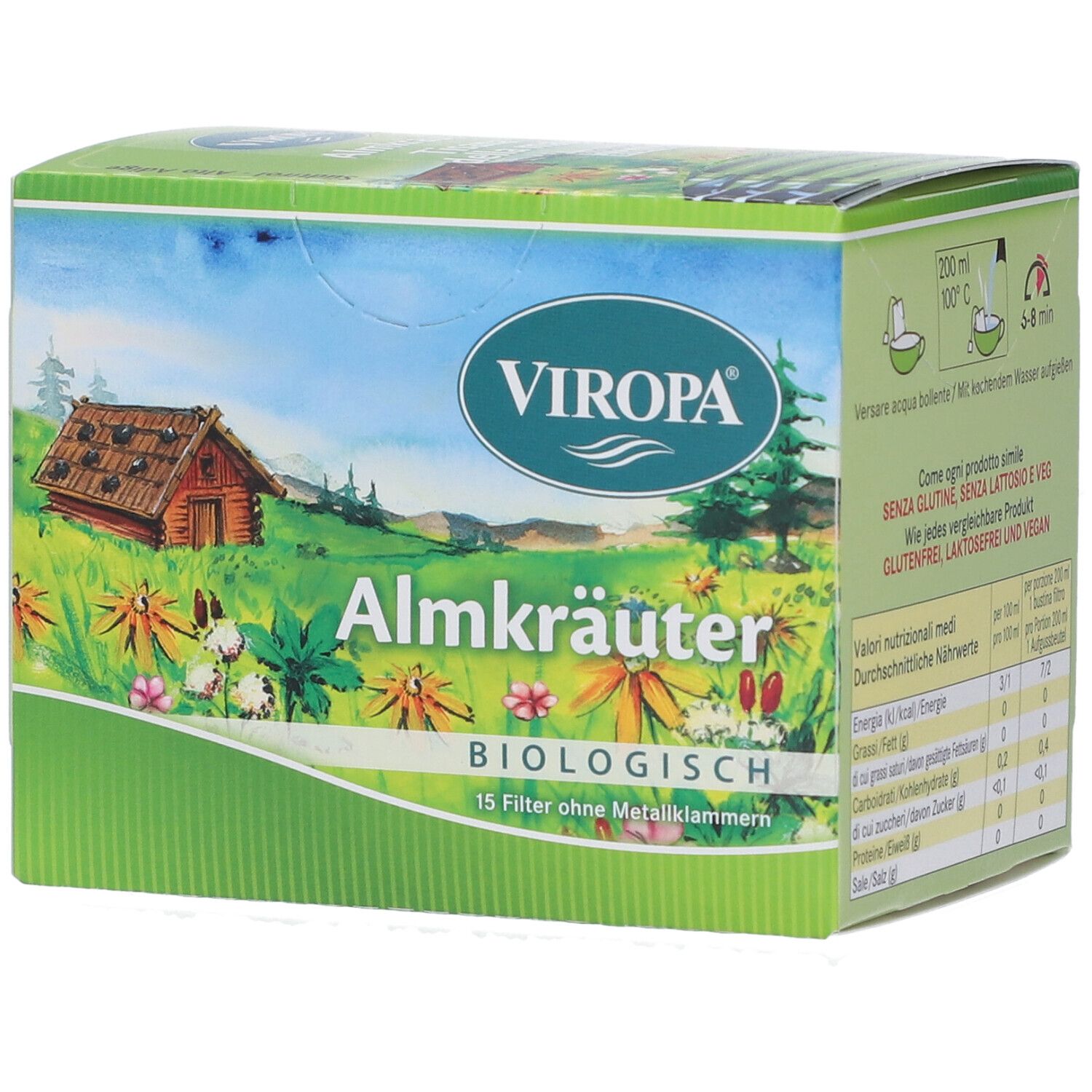 Confezione di Viropa Almkräuter Bio. Design verde e bianco con paesaggio e informazioni sul prodotto. 15 filtri senza punti metallici.