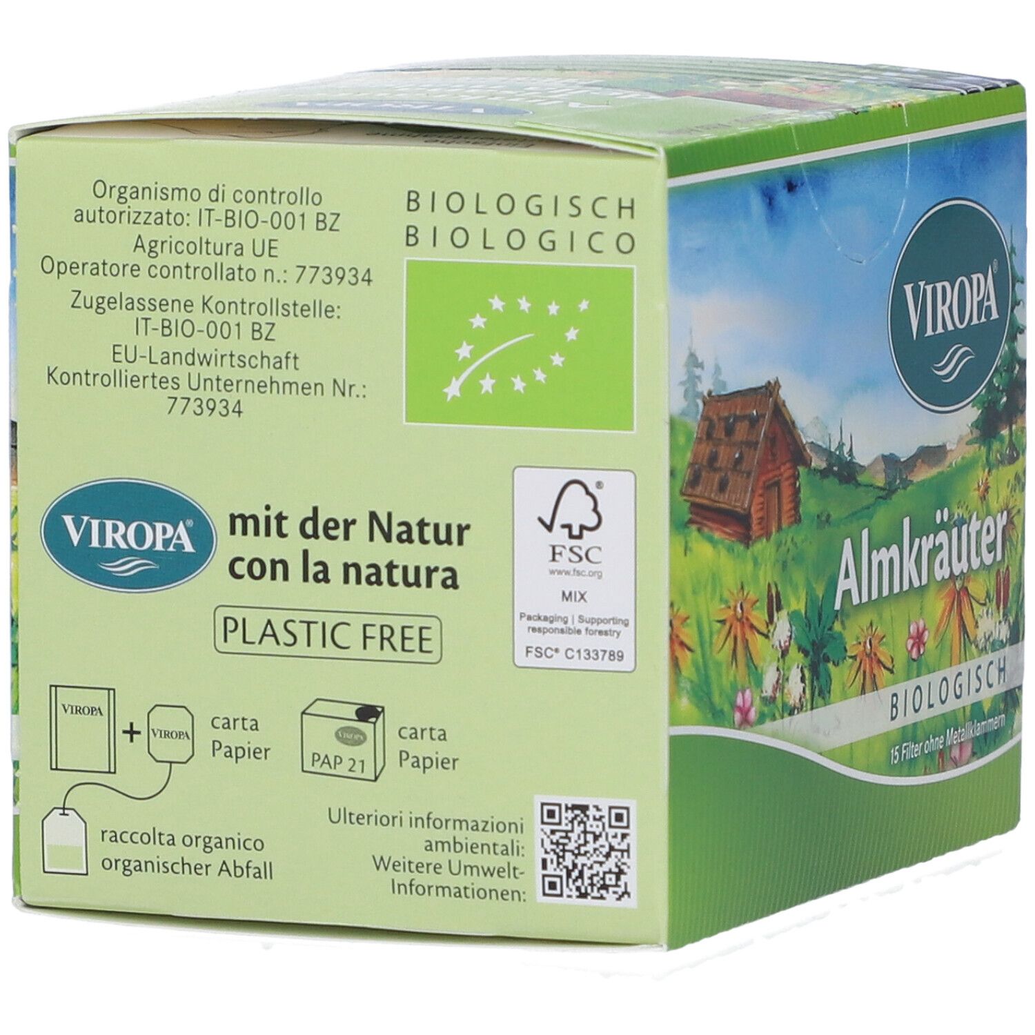 Lato della confezione Viropa Almkräuter Bio. Contiene certificazione bio, marchio FSC e informazioni sulla sostenibilità. Senza plastica.
