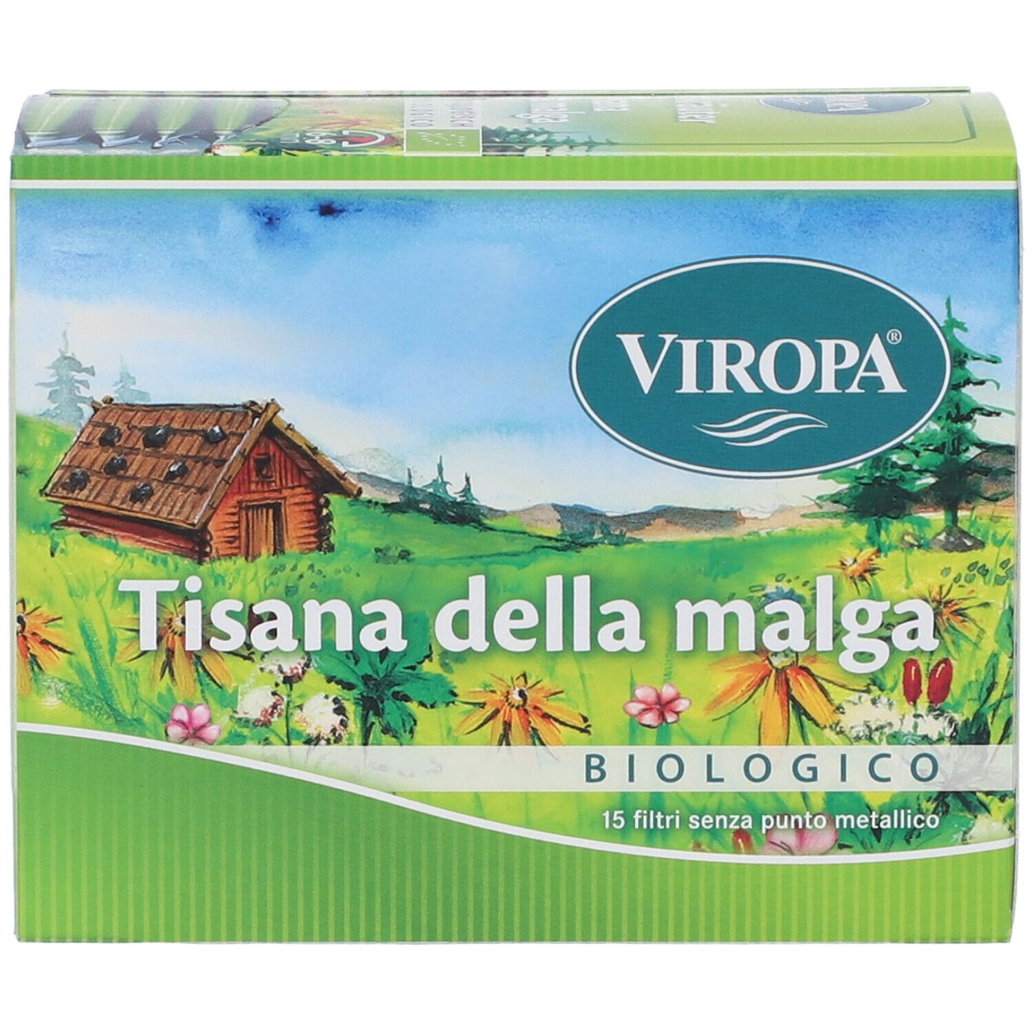 Parte superiore della confezione Viropa Tisana della malga Bio. Design verde e bianco con paesaggio e informazioni sul prodotto. 15 filtri.