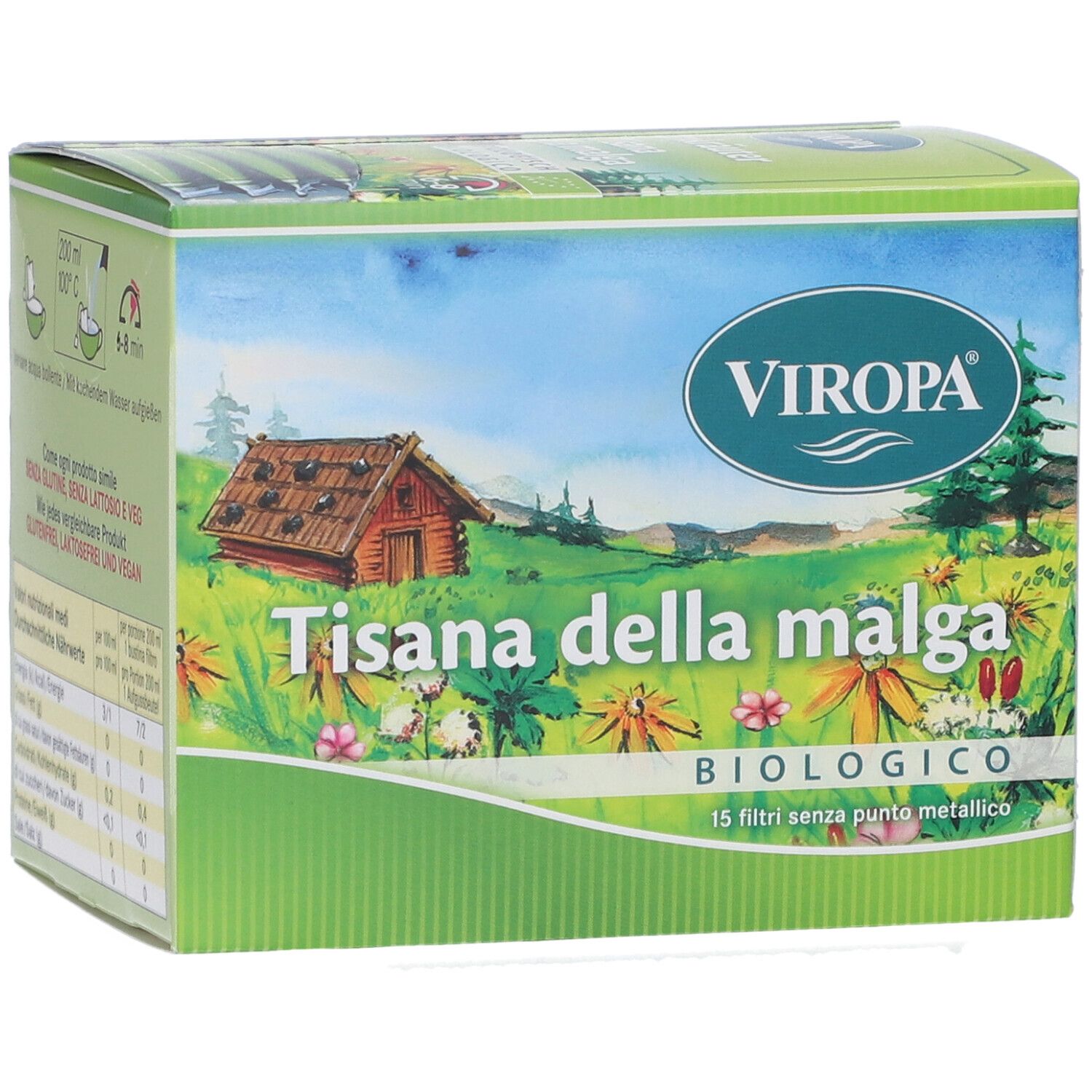 Lato della confezione Viropa Tisana della malga Bio. Contiene istruzioni per la preparazione e informazioni nutrizionali. 15 filtri.