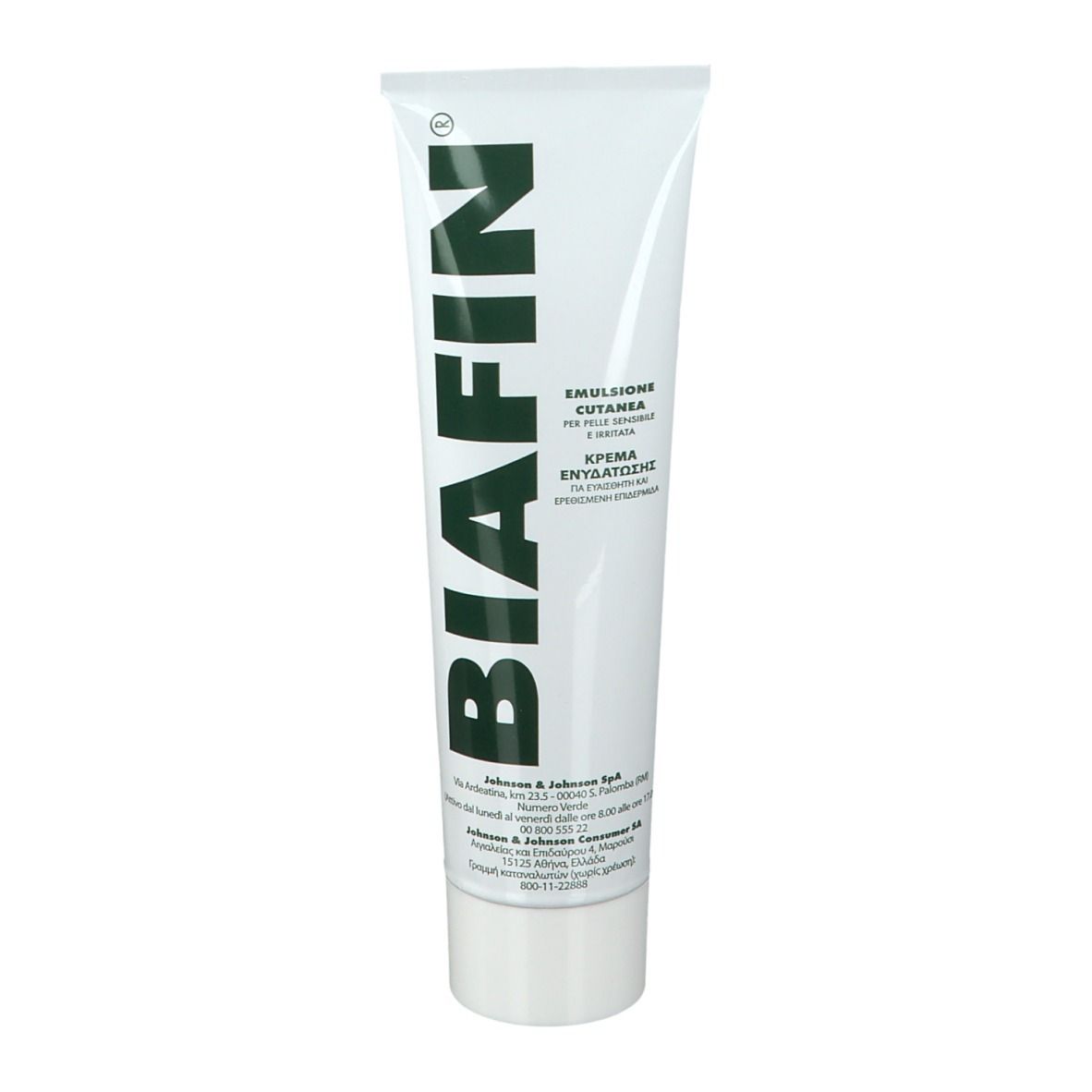 Tube avec logo BIAFIN. Texte: EMULSIONE CUTANEA. Crème pour peaux sensibles.