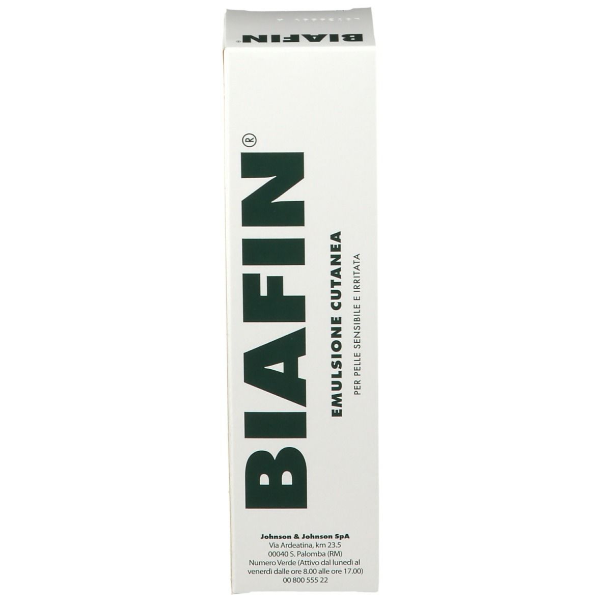 Boîte blanche avec logo BIAFIN. Texte: EMULSIONE CUTANEA. Pour peaux sensibles et irritées.