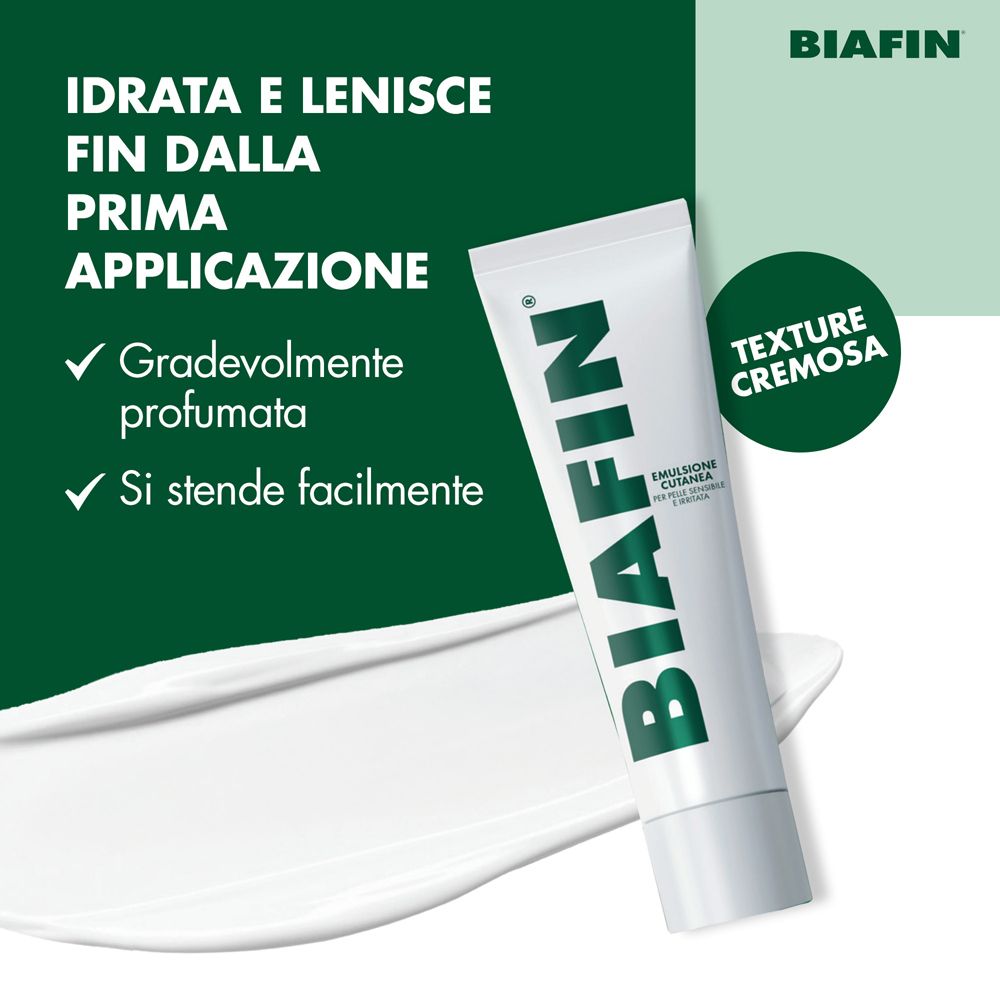 Tube avec logo BIAFIN. Texte: IDRATA E LENISCE FIN DALLA PRIMA APPLICAZIONE. Texture: crémeuse.