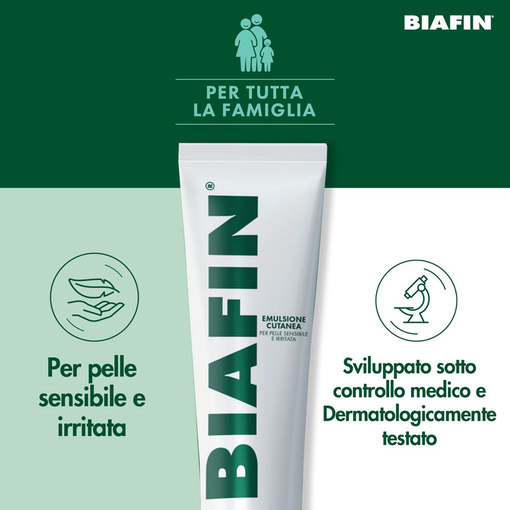 Tube avec logo BIAFIN. Texte: Pour peaux sensibles et irritées. Testé dermatologiquement.