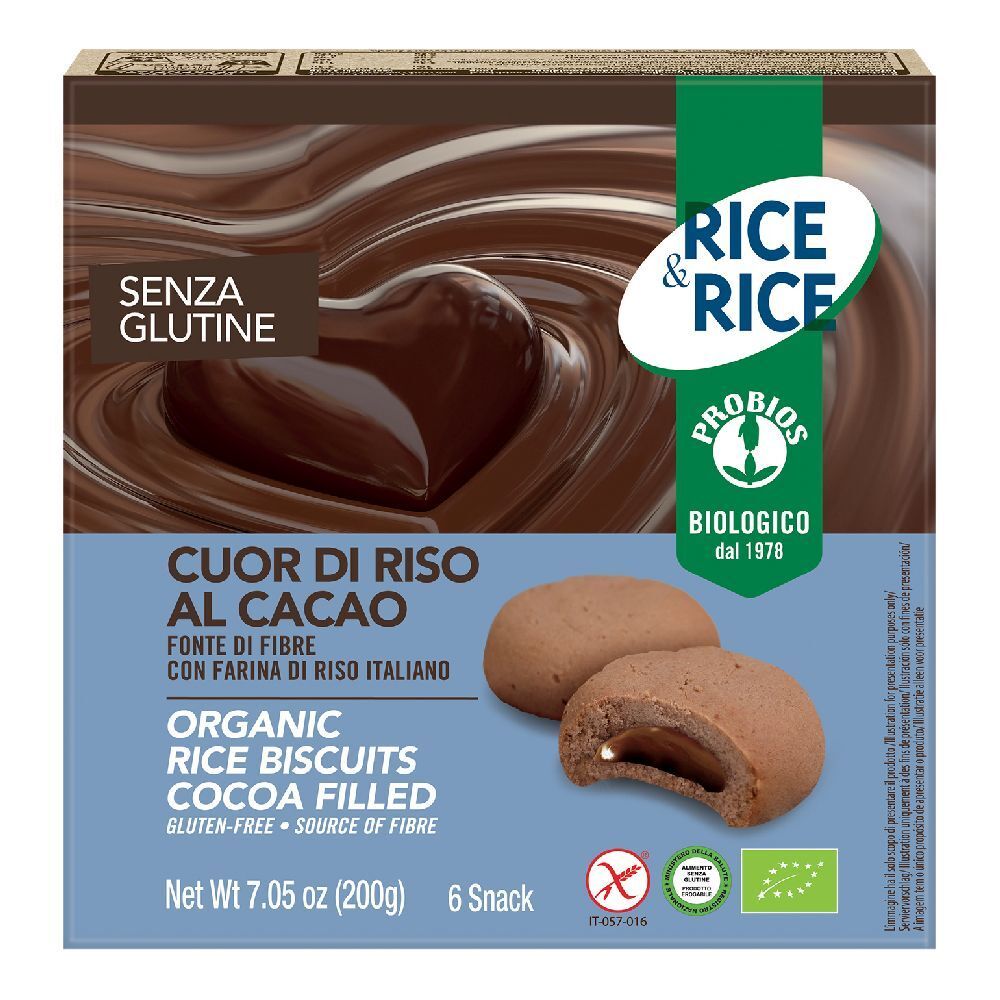 Confezione di biscotti di riso ripieni al cacao. Scritte: SENZA GLUTINE, CUOR DI RISO AL CACAO, ORGANIC RICE BISCUITS COCOA FILLED.
