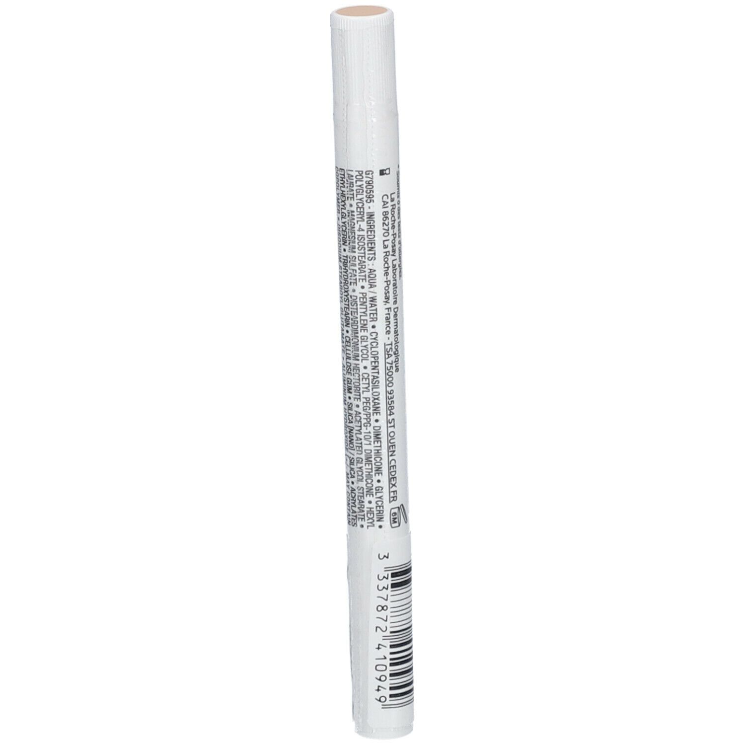 La Roche-Posay Toleriane Korrekturstift. Weißer Stift mit Schriftzug. Produktname und Marke deutlich sichtbar.