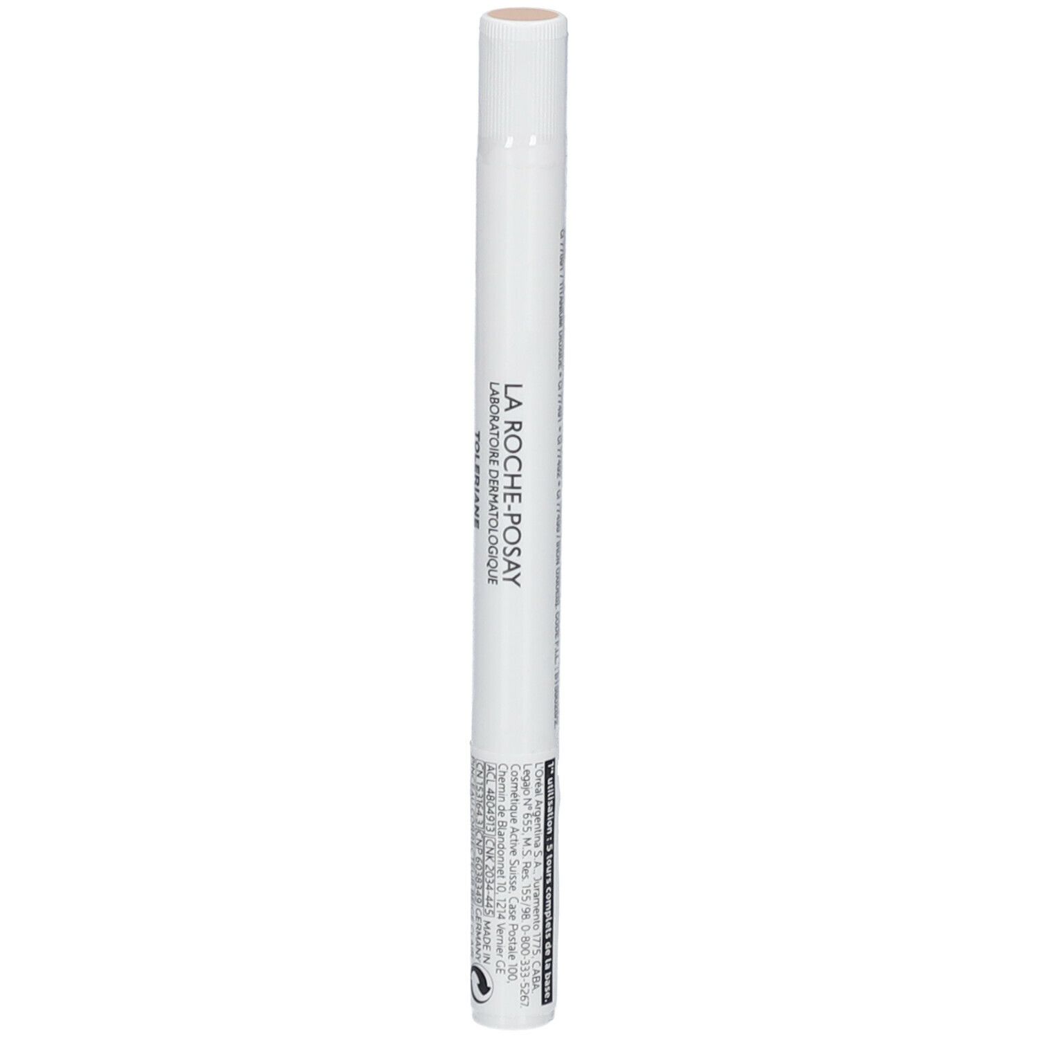 La Roche-Posay Toleriane Korrekturstift. Weißer Stift mit Schriftzug. Produktname und Marke deutlich sichtbar.